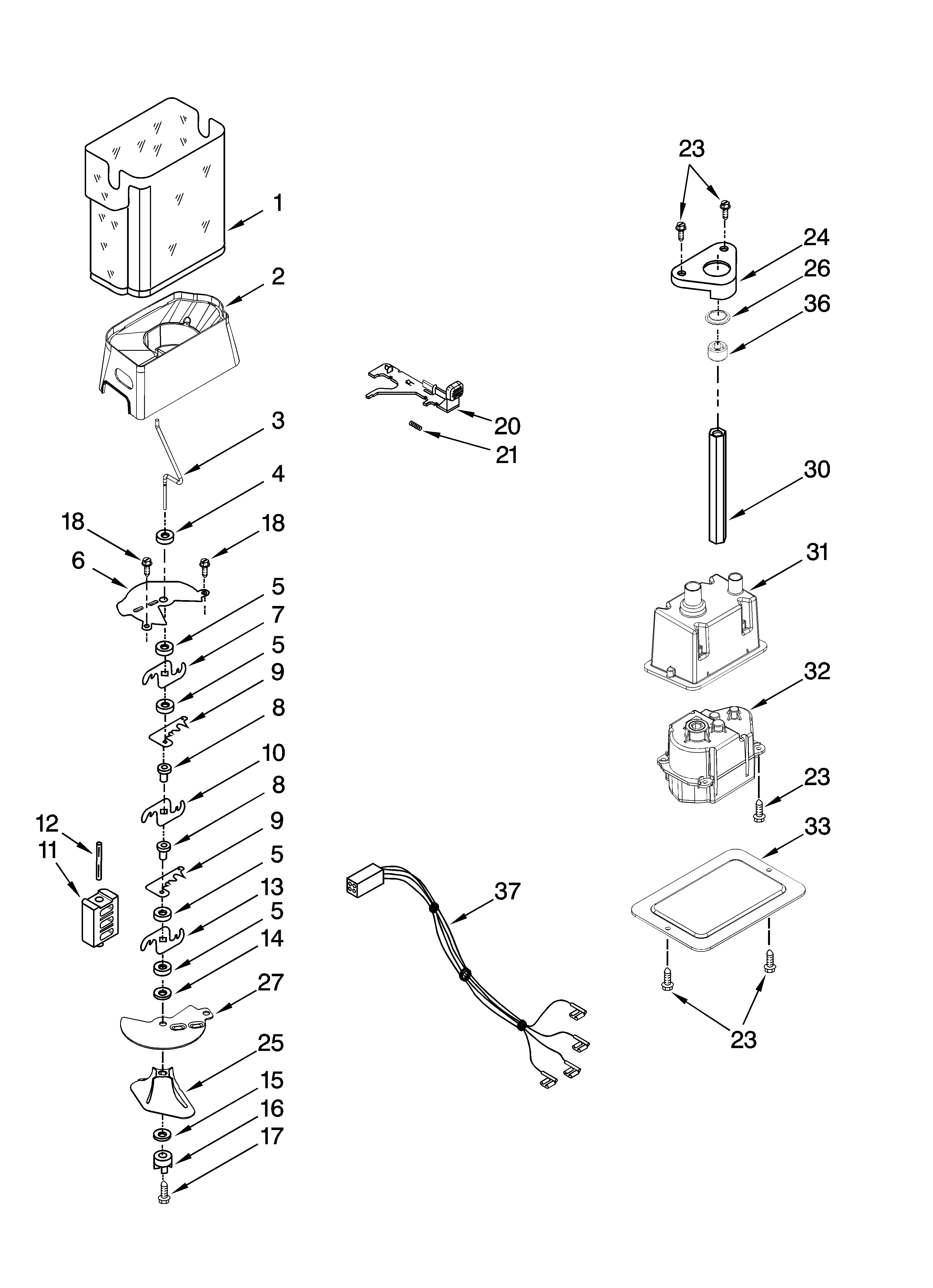 Kenmore Elite 10658976701 motor and ice container parts diagram
