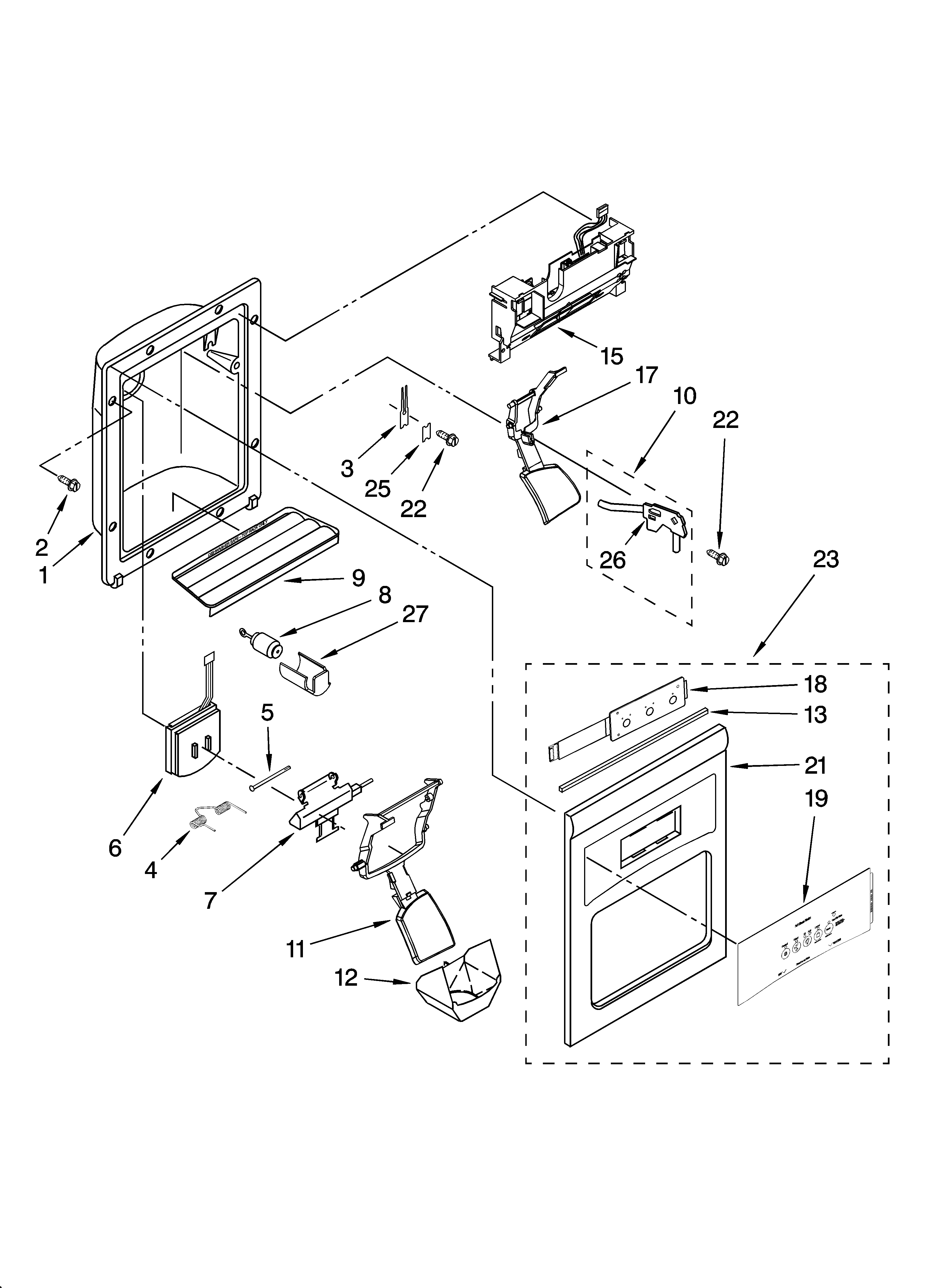 Kenmore Elite 10658976701 dispenser front parts diagram