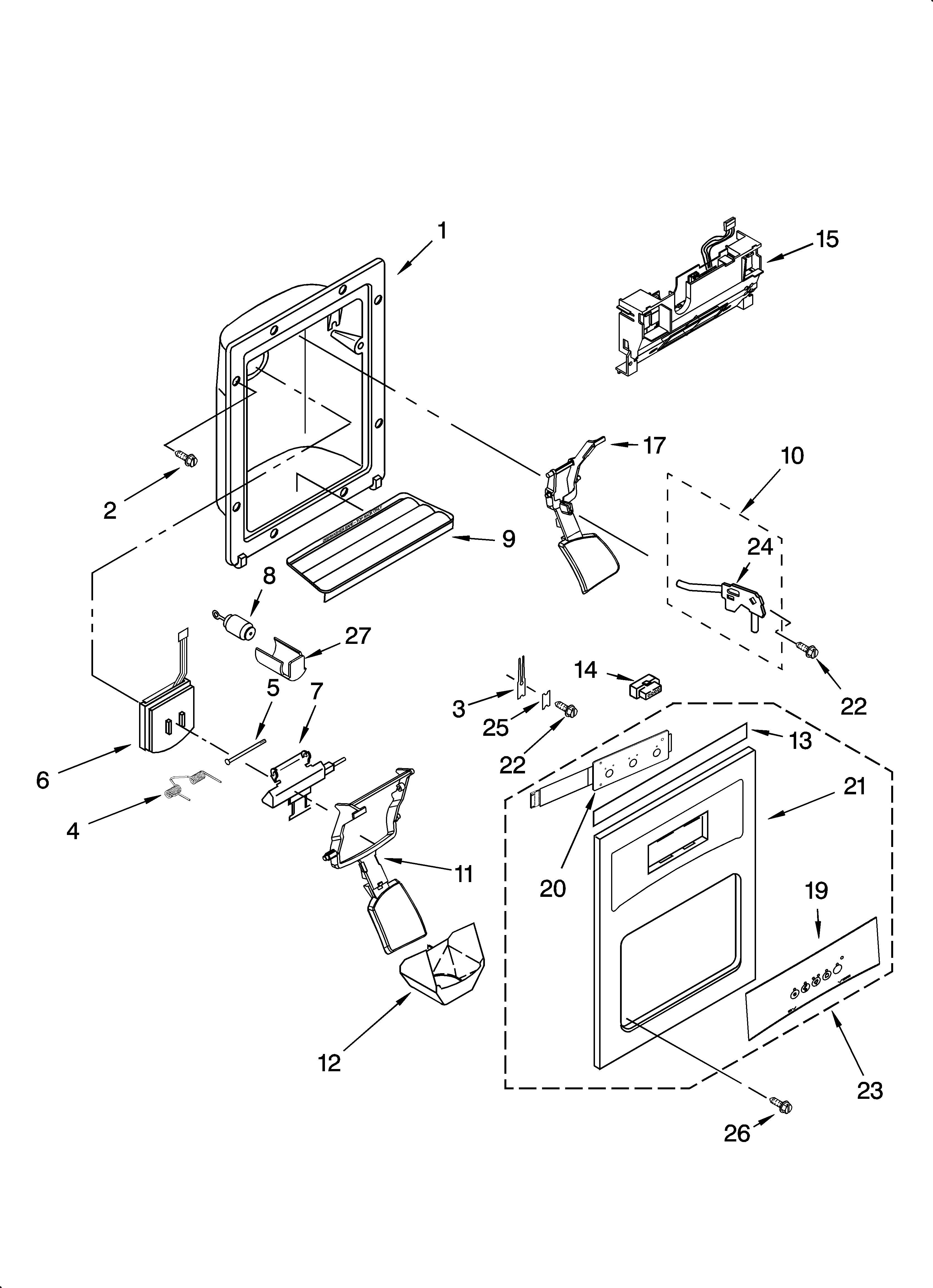 Kenmore Elite 10644429602 dispenser front parts diagram