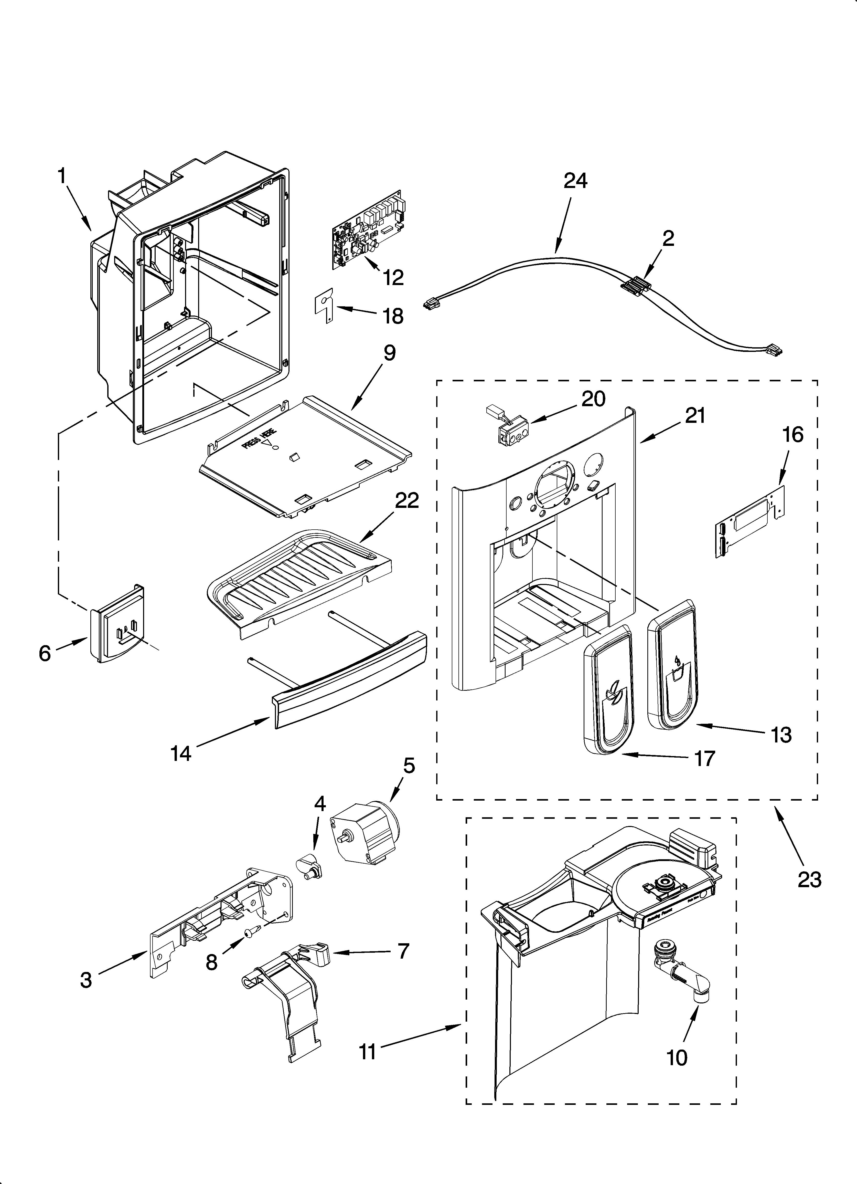 Kenmore Elite 10657453701 dispenser front parts diagram