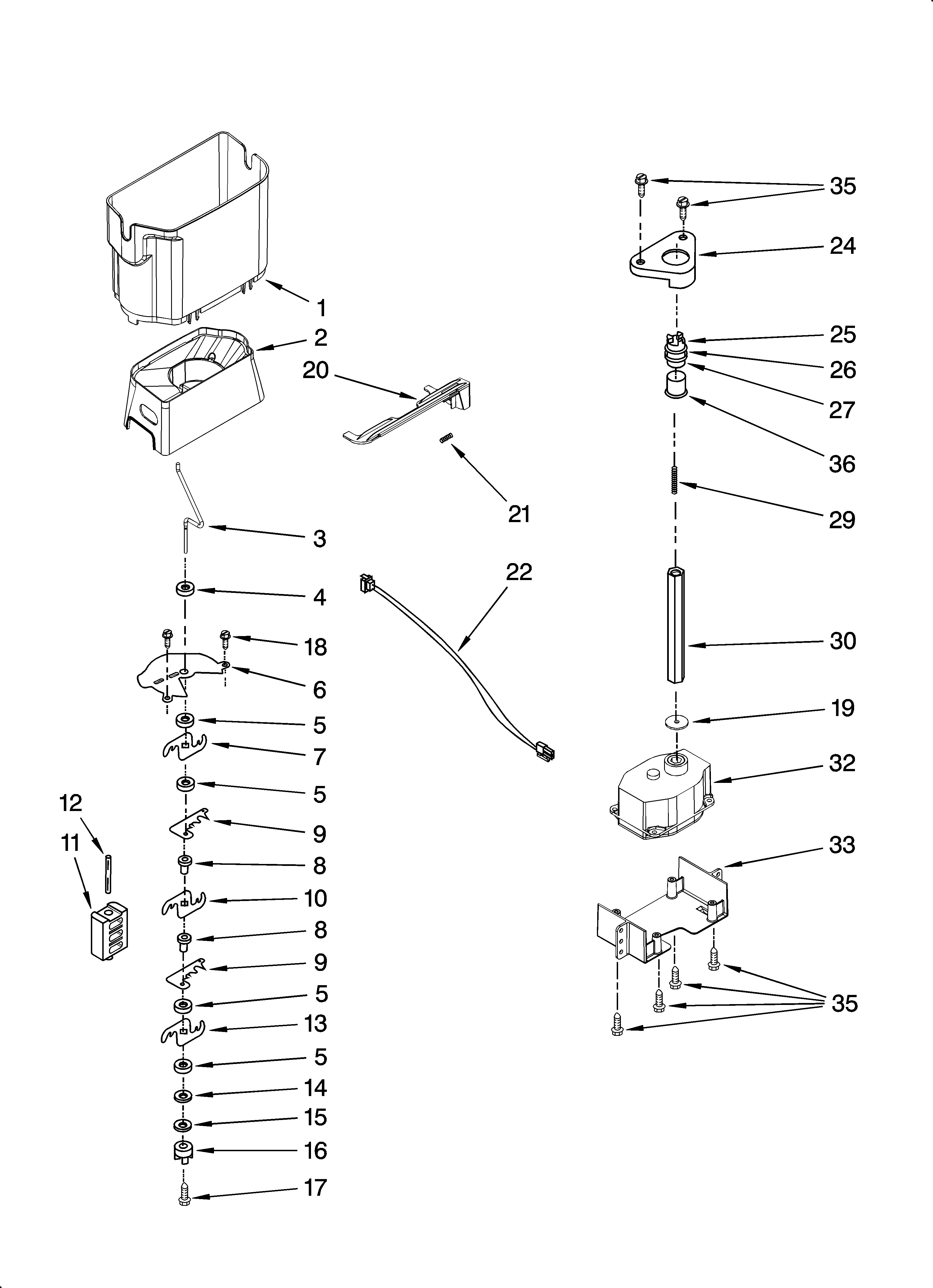 Kenmore Elite 10657714701 motor and ice container parts diagram