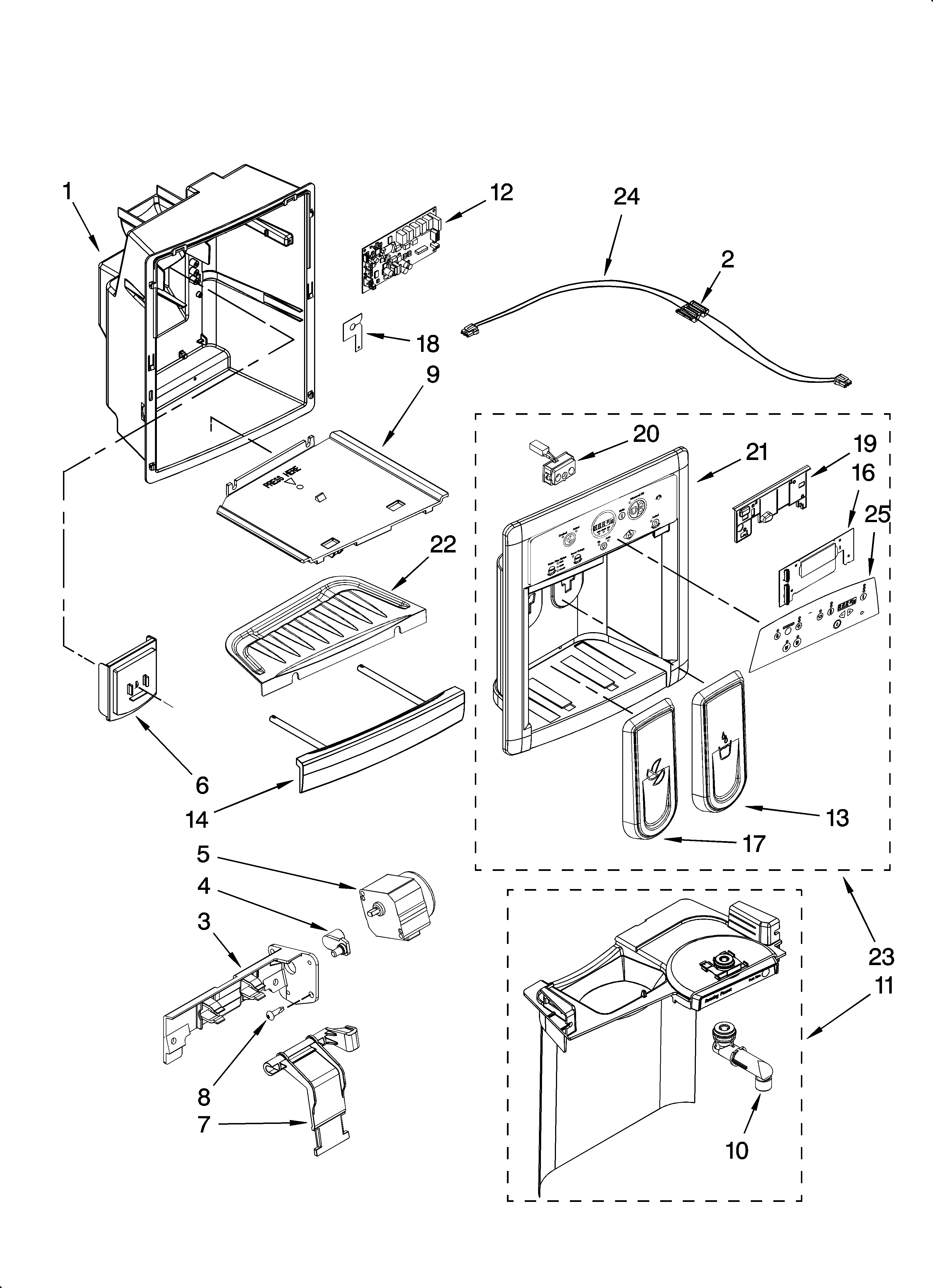 Kenmore Elite 10657714701 dispenser front parts diagram