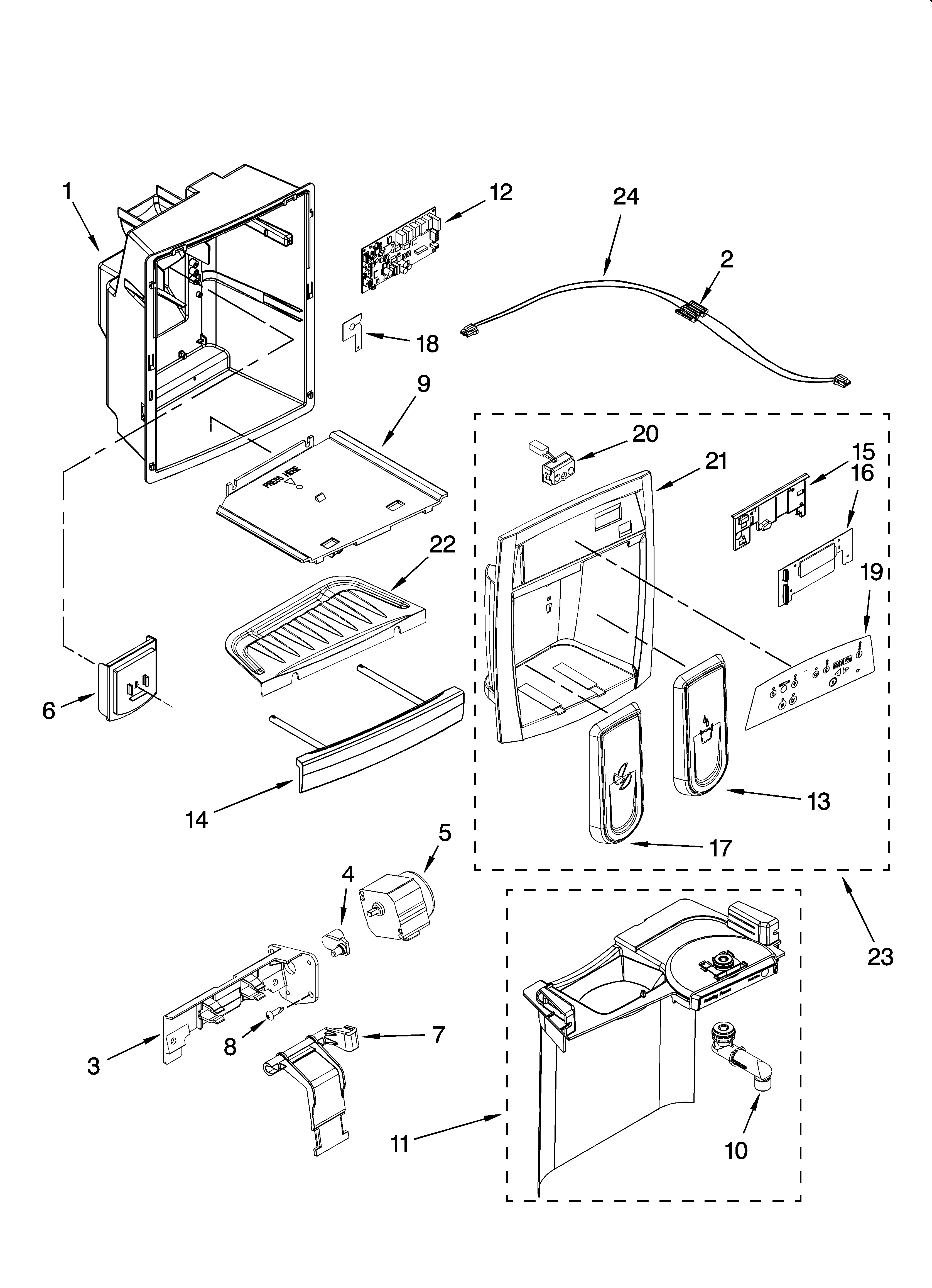 Kenmore Elite 10657783701 dispenser front parts diagram