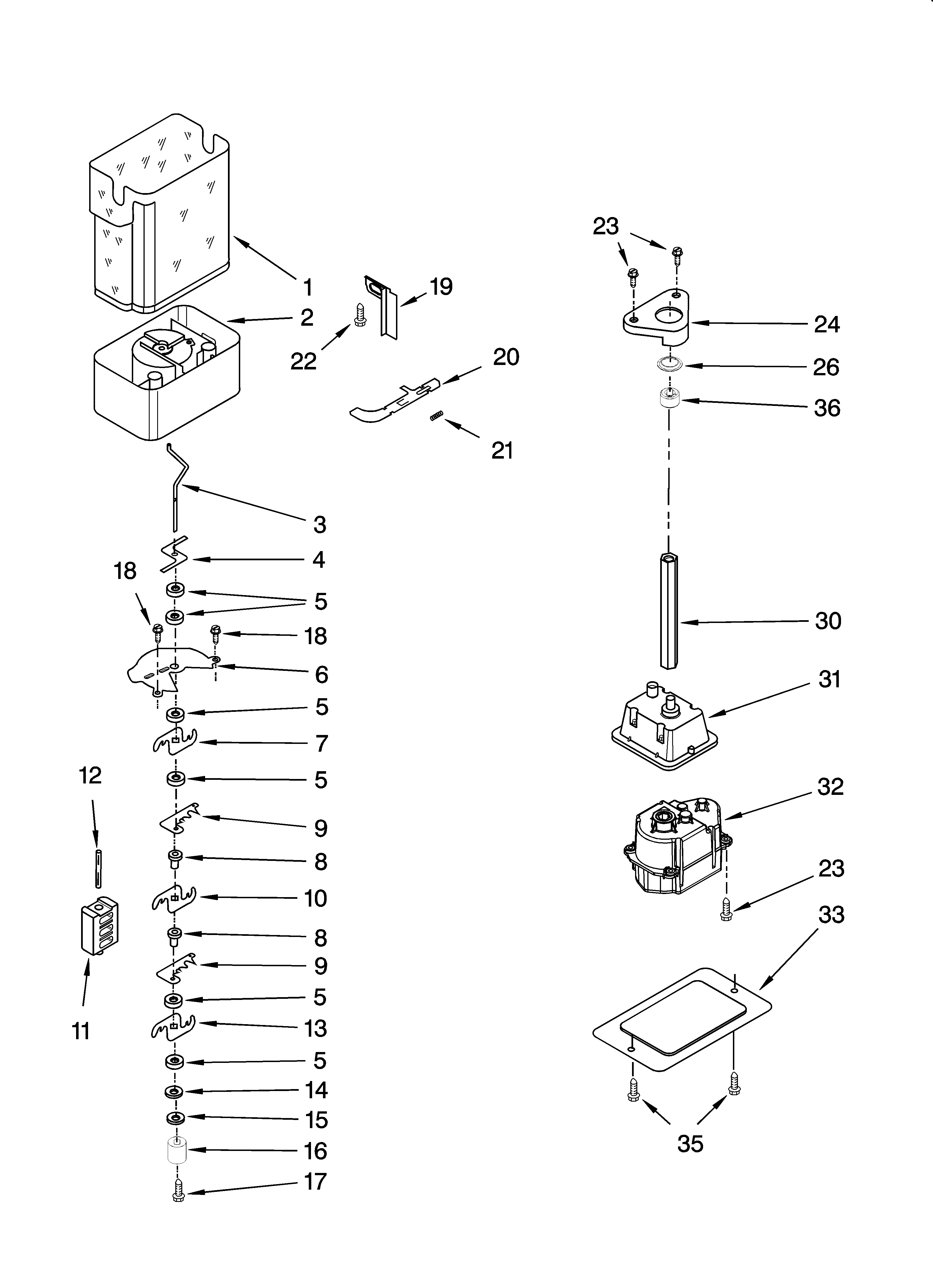 Kenmore 10656663502 motor and ice container parts diagram
