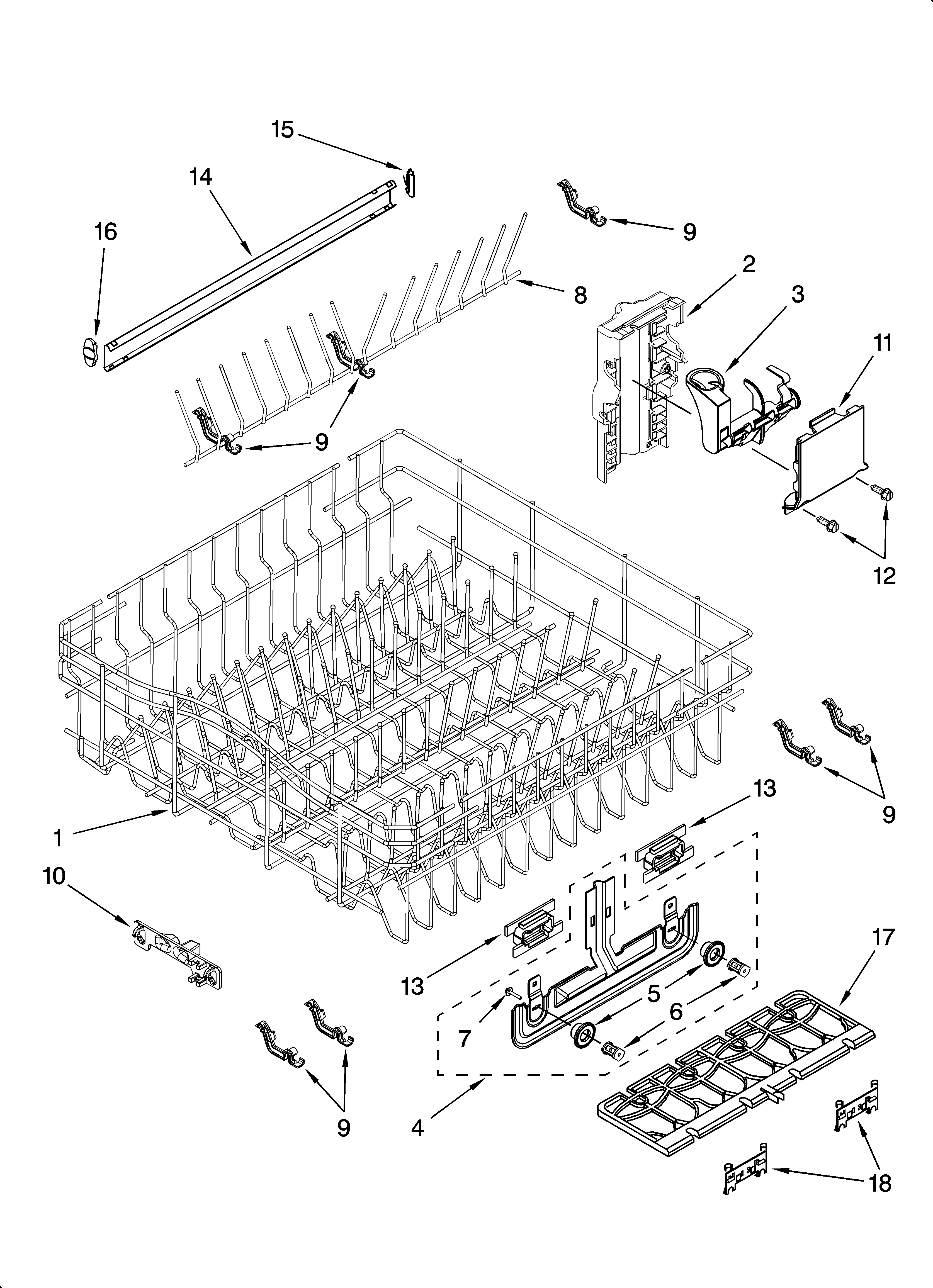 Kenmore Elite 66513772K603 upper rack and track parts diagram