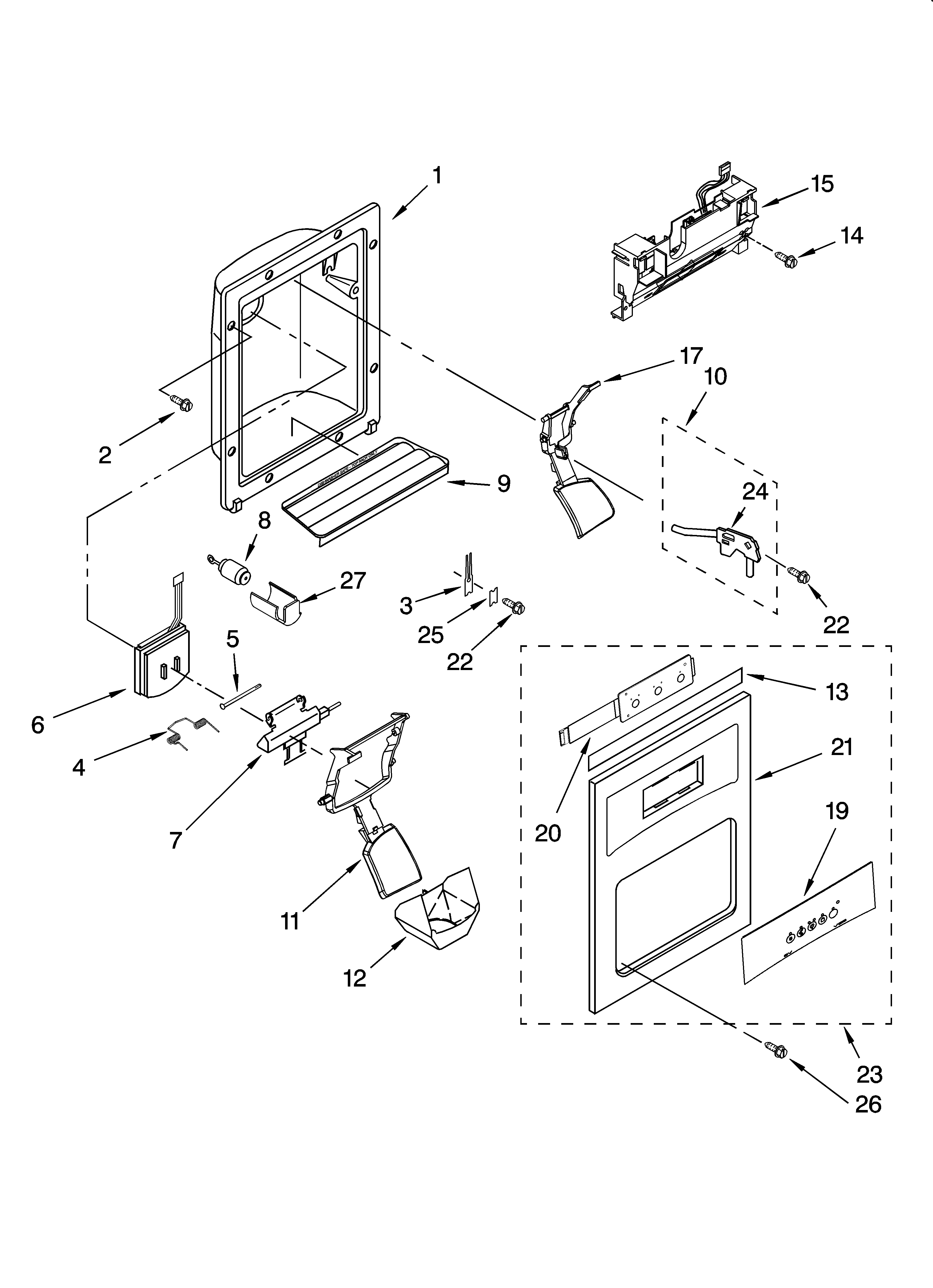 Kenmore Elite 10644032603 dispenser front parts diagram
