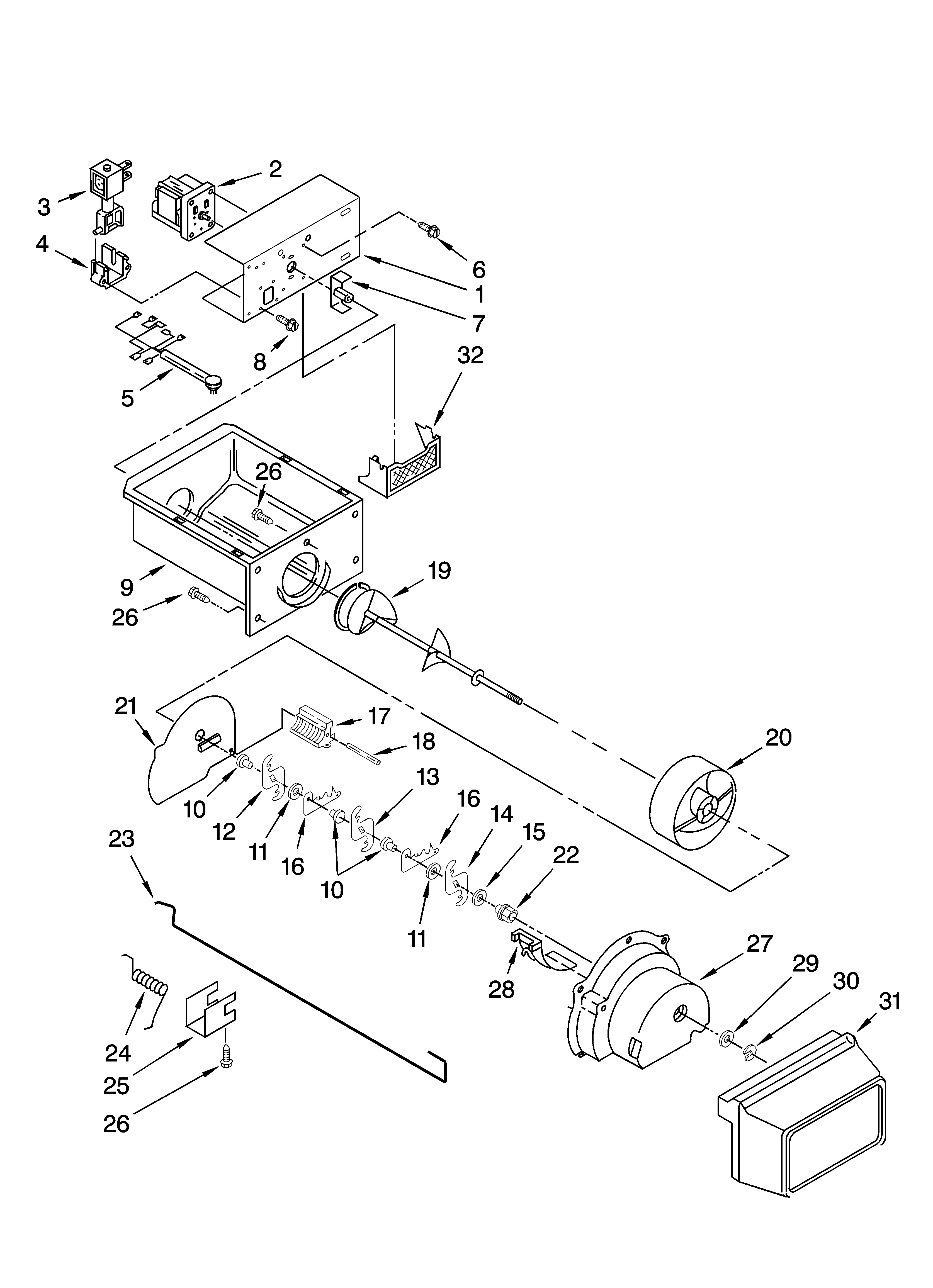 Kenmore 10656999602 motor and ice container parts diagram