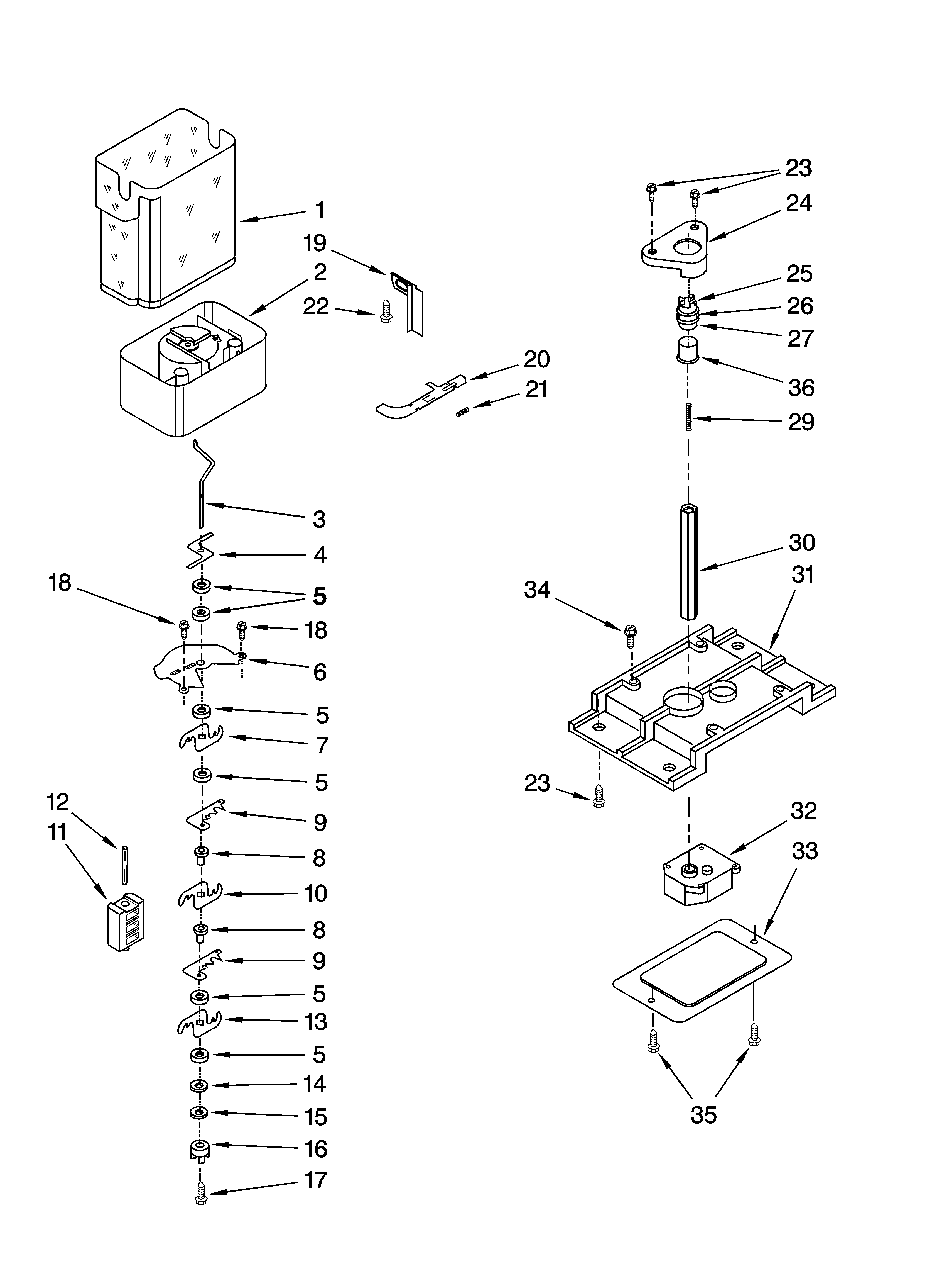 Kenmore 10656532400 motor and ice container parts diagram