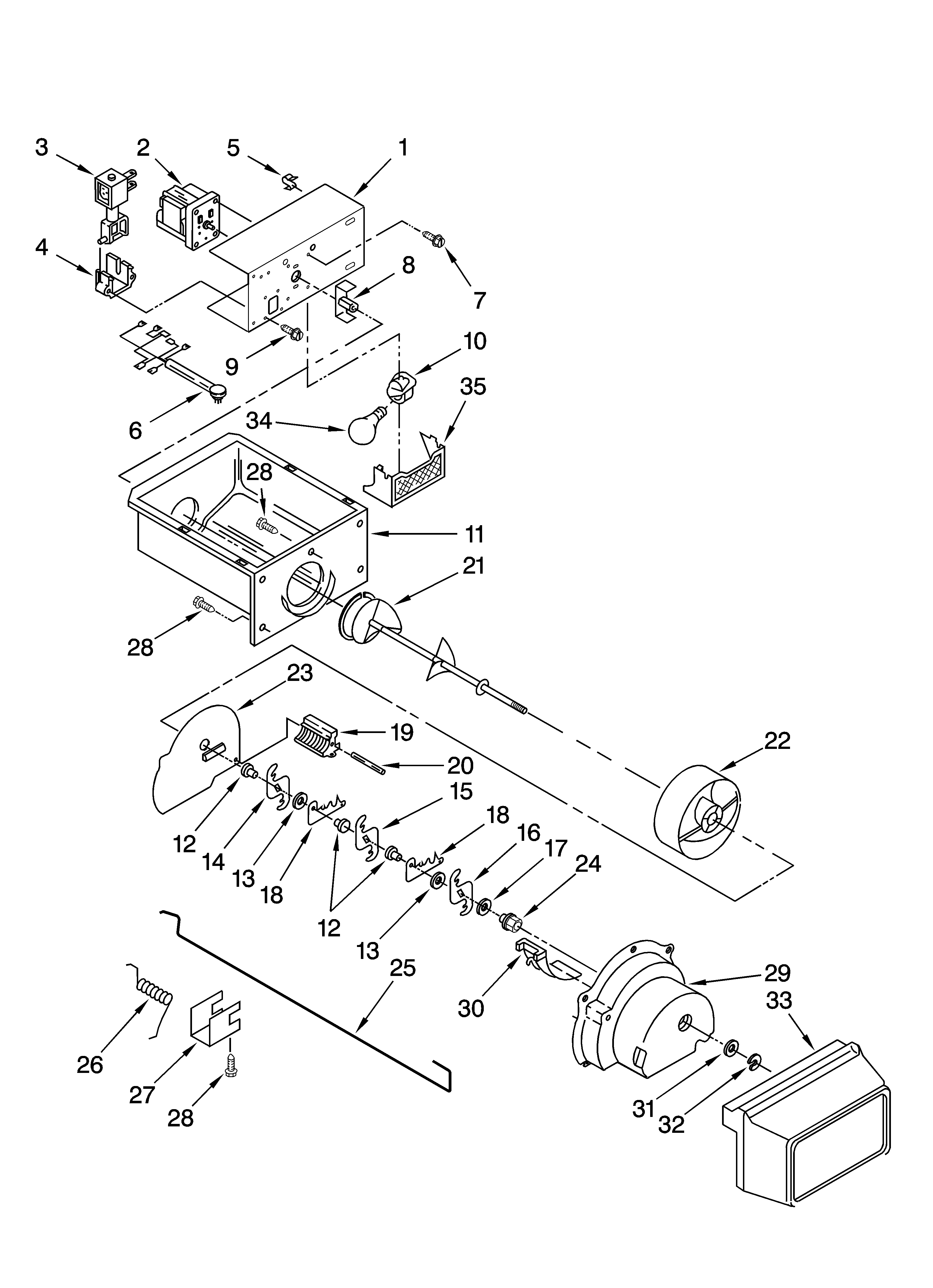 Kenmore 10656736604 motor and ice container parts diagram