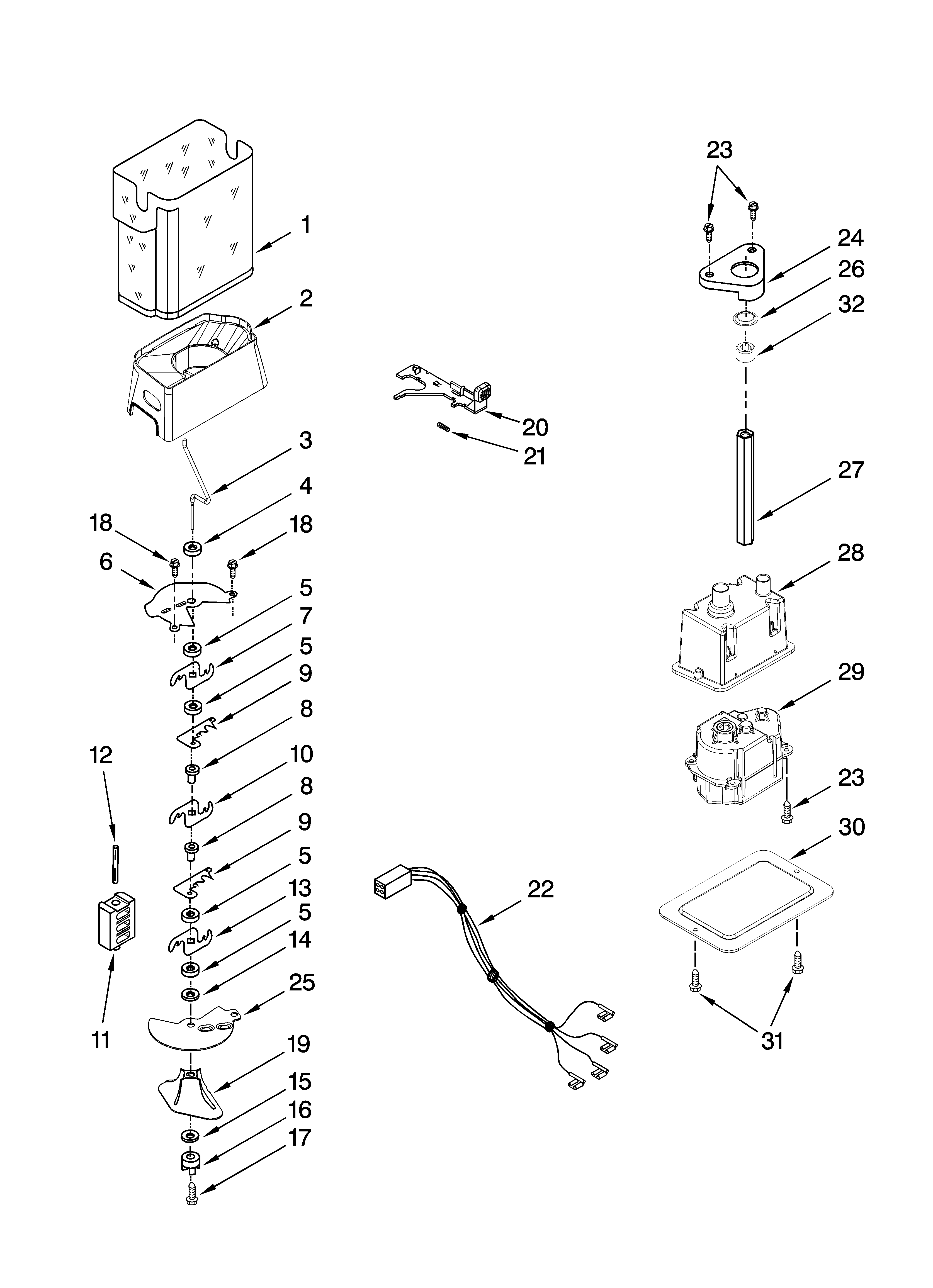 Kenmore 10656872602 motor and ice container parts diagram