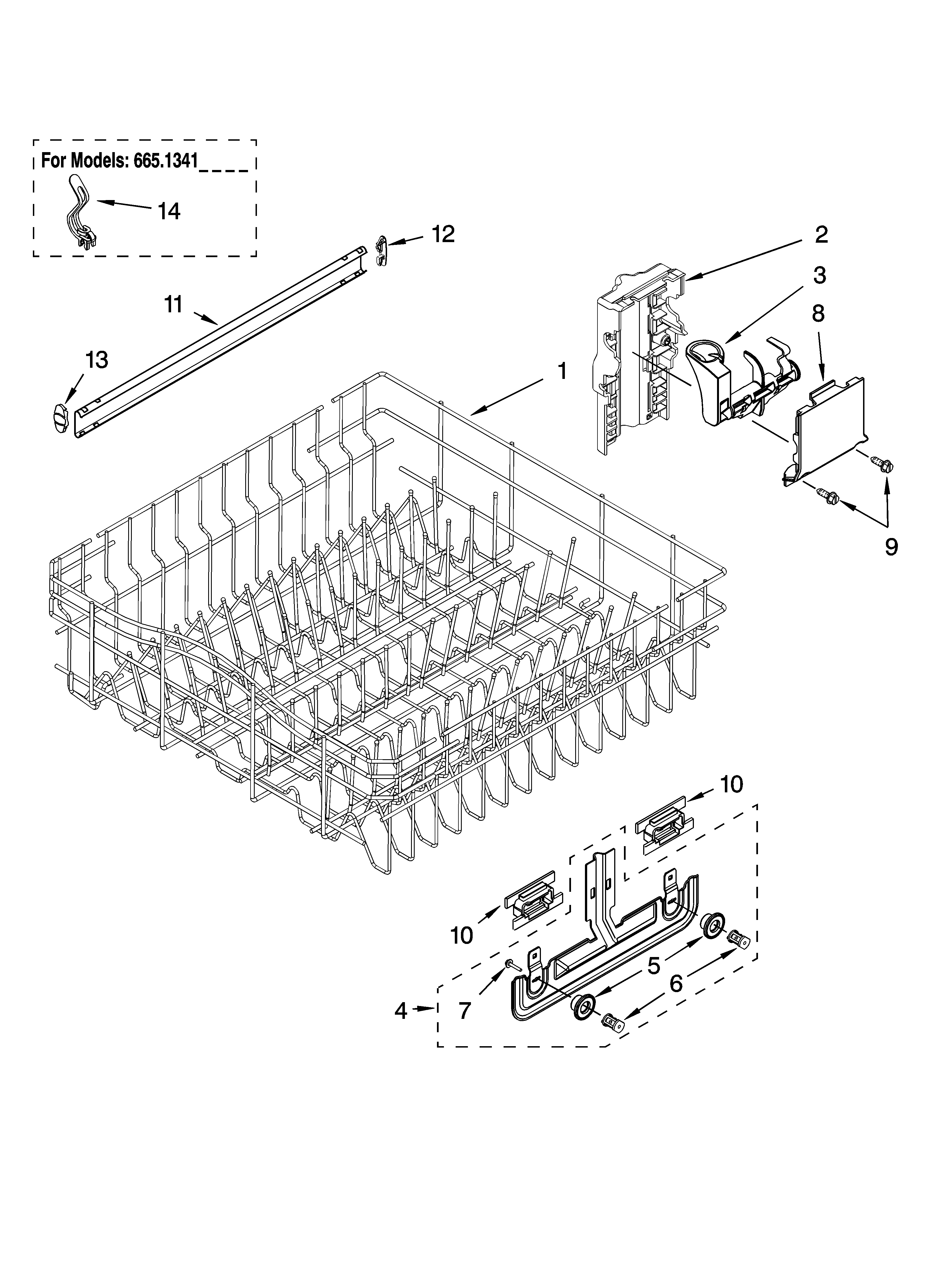 Kenmore Elite 66513119K700 upper rack and track parts diagram