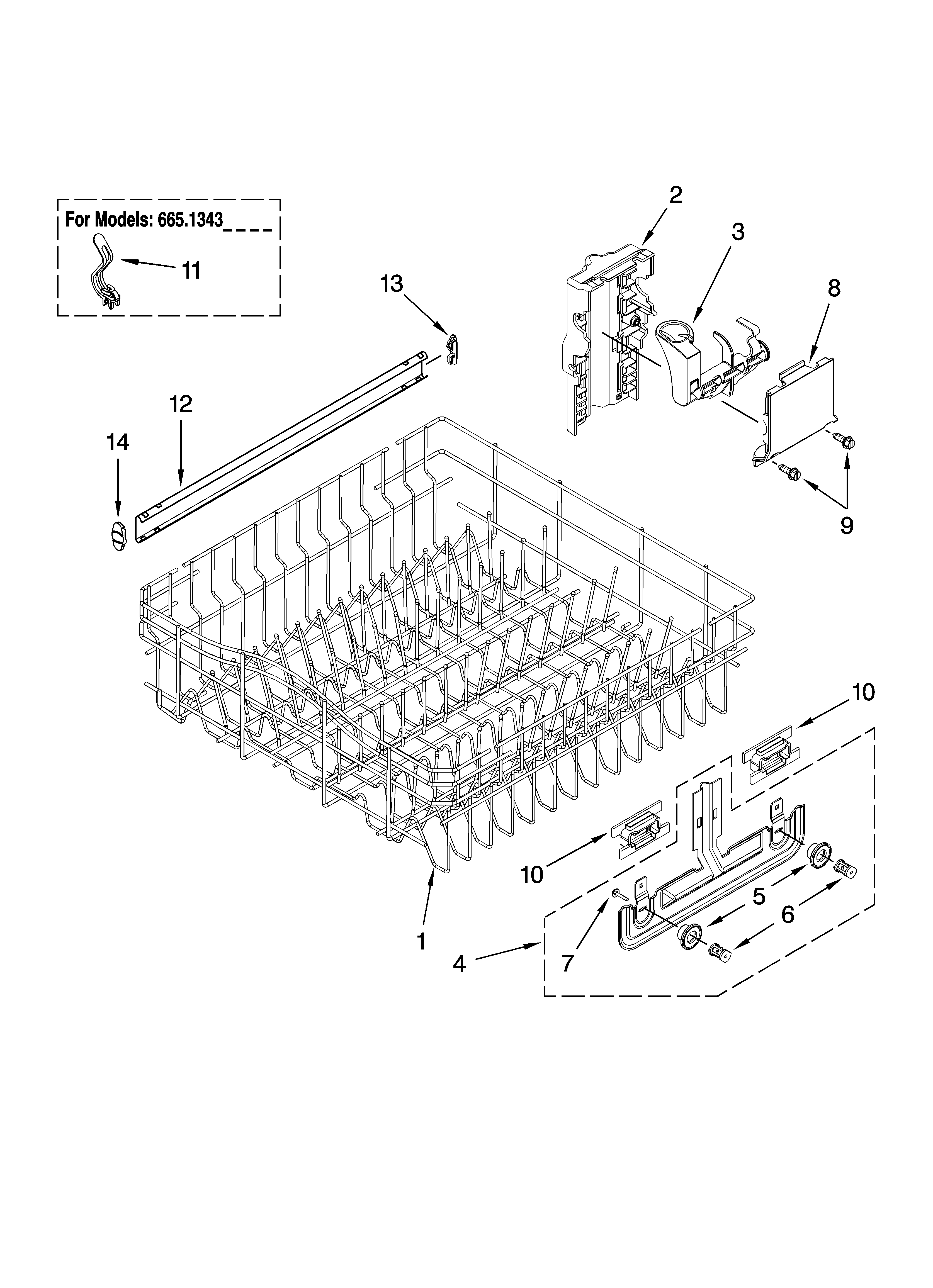 Kenmore Elite 66513752K603 upper rack and track parts diagram