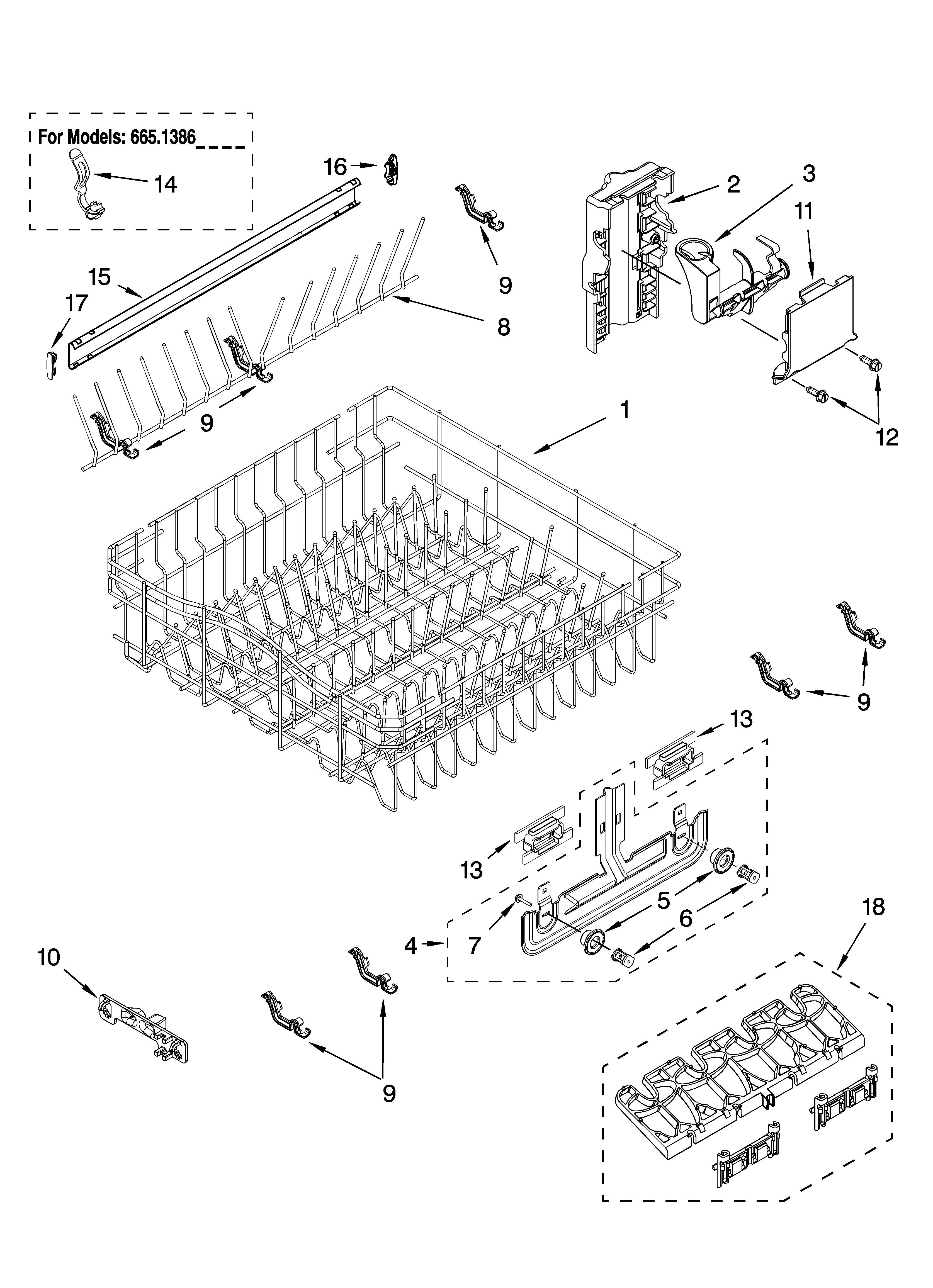 Kenmore Elite 66513863K603 upper rack and track parts diagram