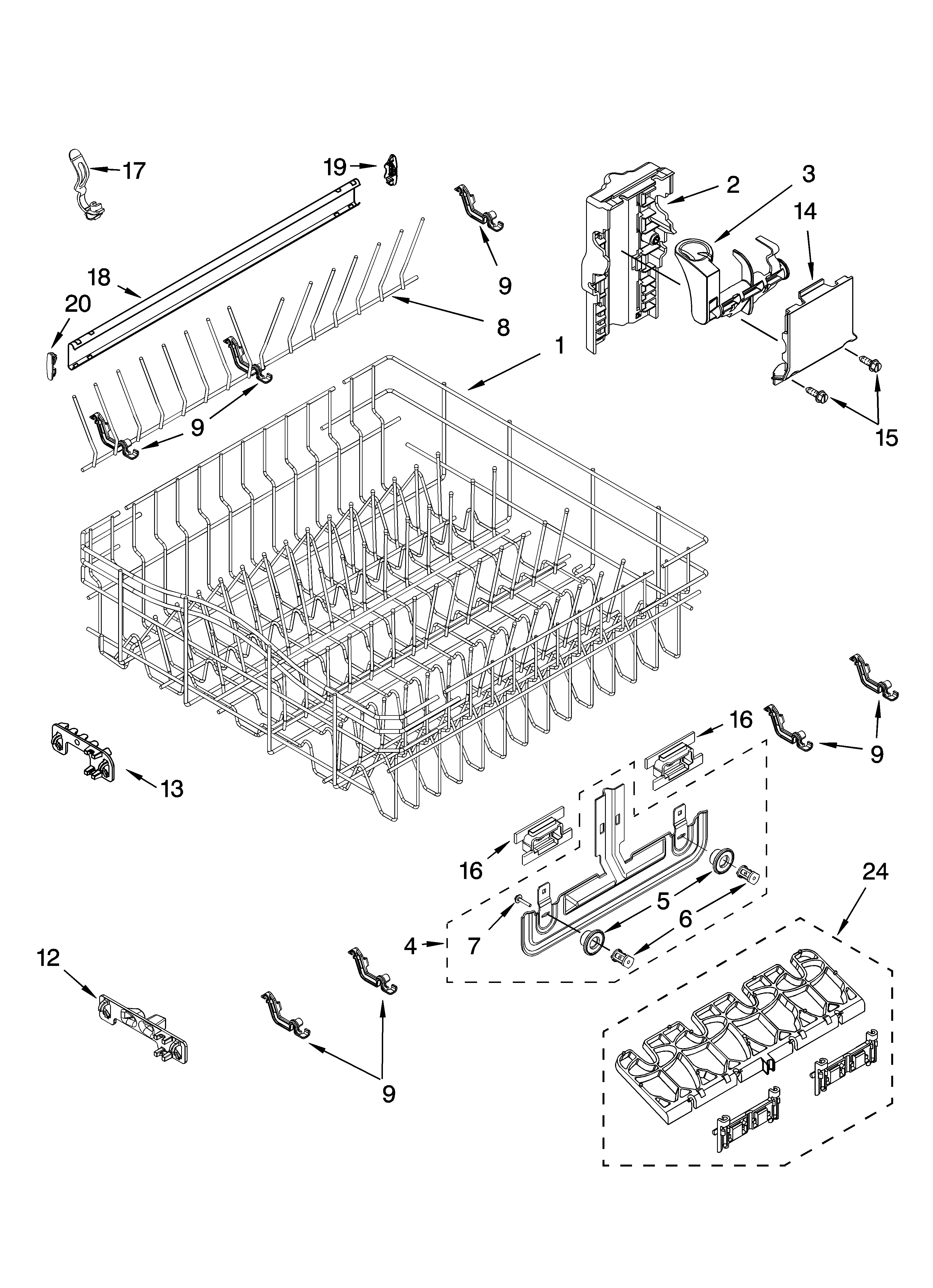 Kenmore Elite 66513785K603 upper rack and track parts diagram