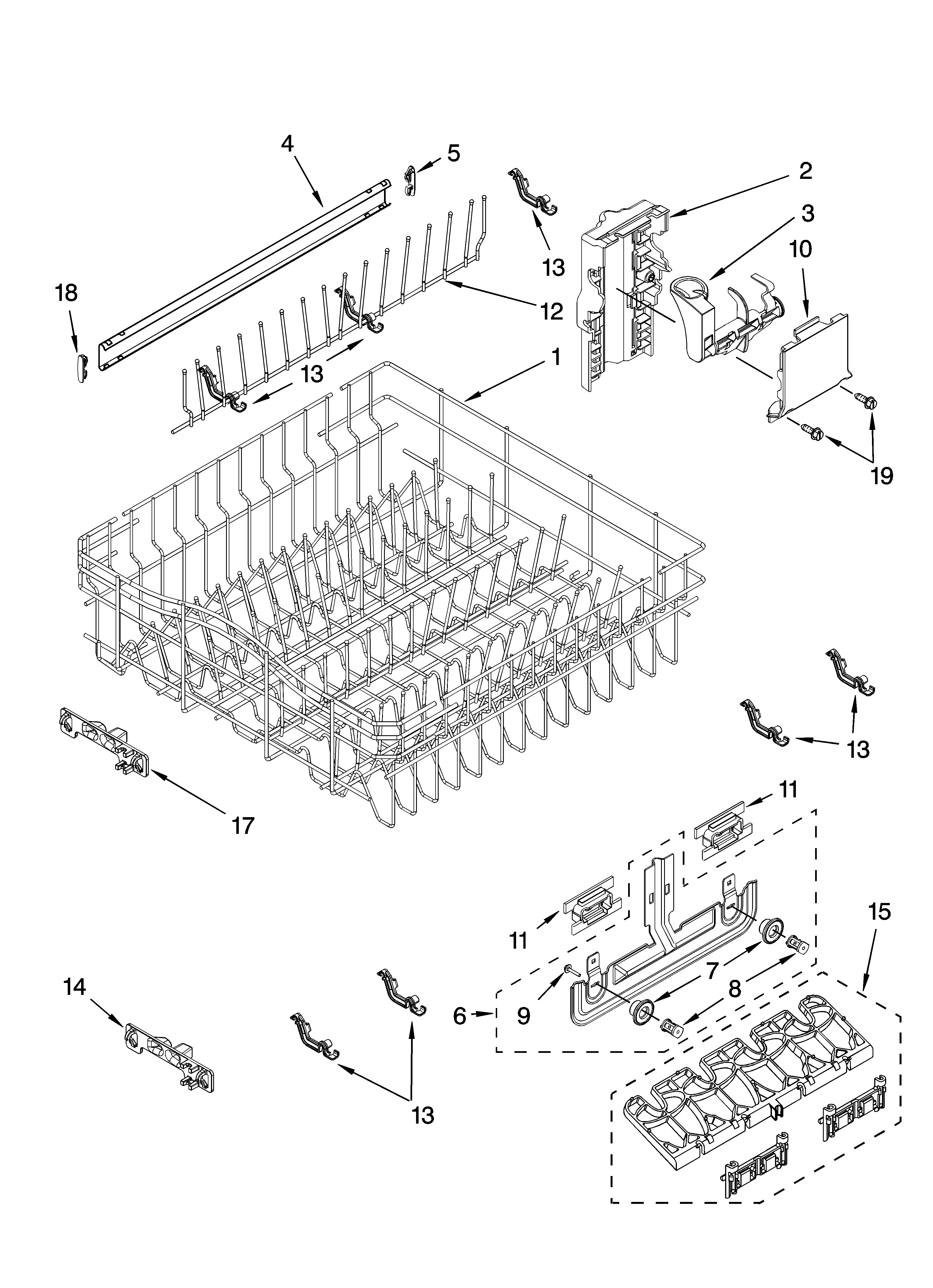 Kenmore Elite 66576965K603 upper rack and track parts diagram