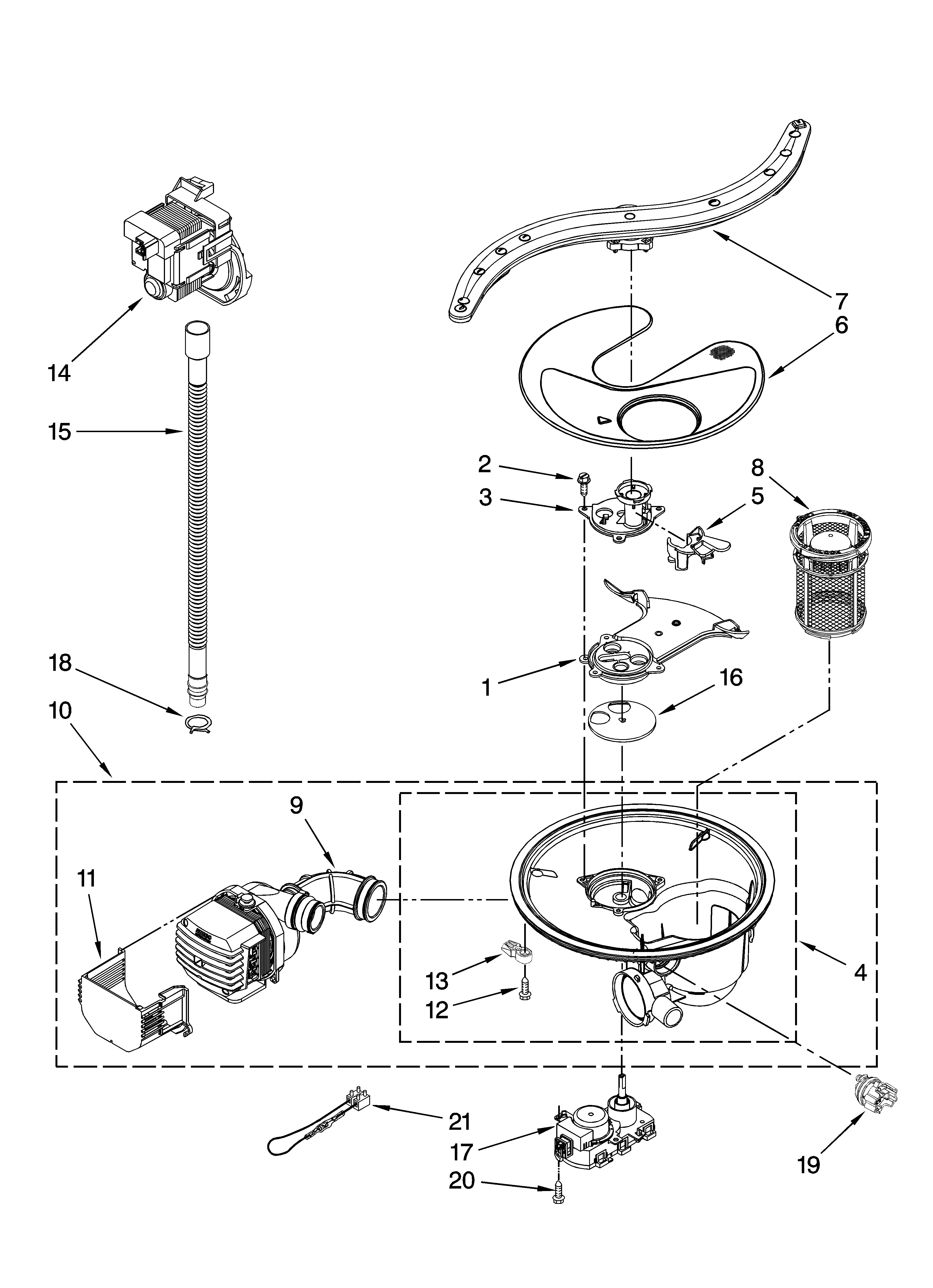 Kenmore Elite 66513133K700 pump, washarm and motor parts diagram