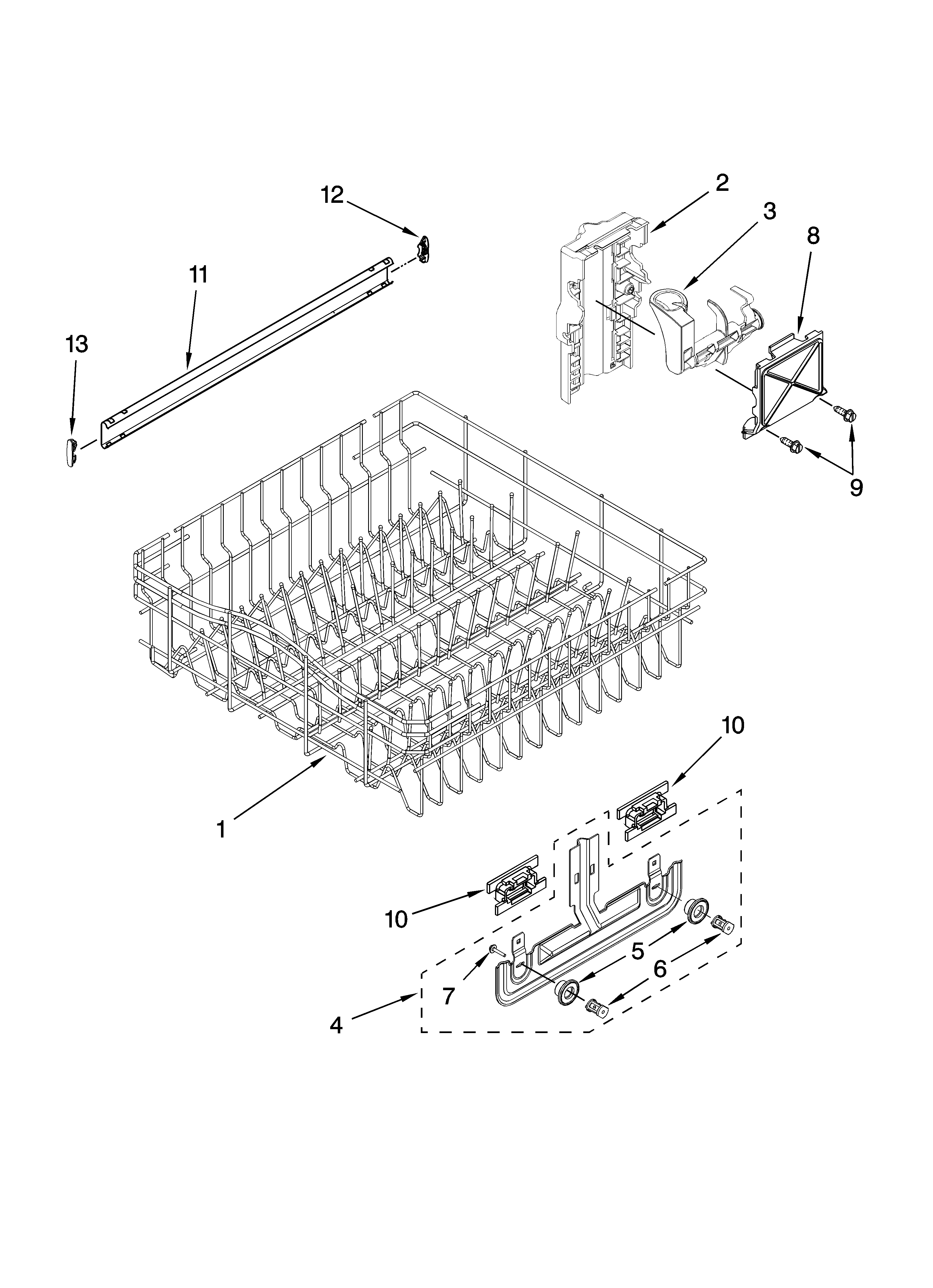 Kenmore Elite 66513133K700 upper rack and track parts diagram