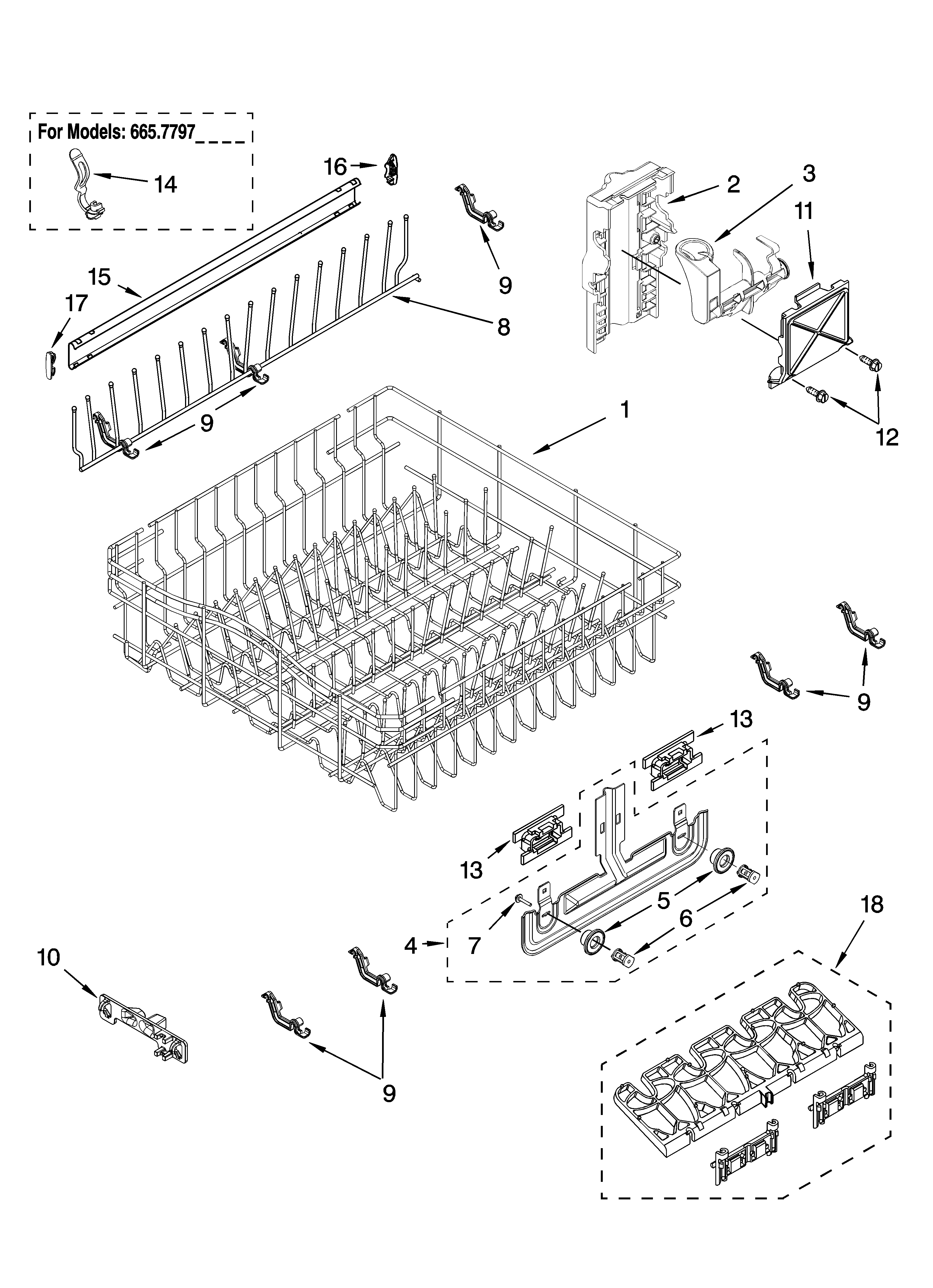 Kenmore Elite 66577969K700 upper rack and track parts diagram