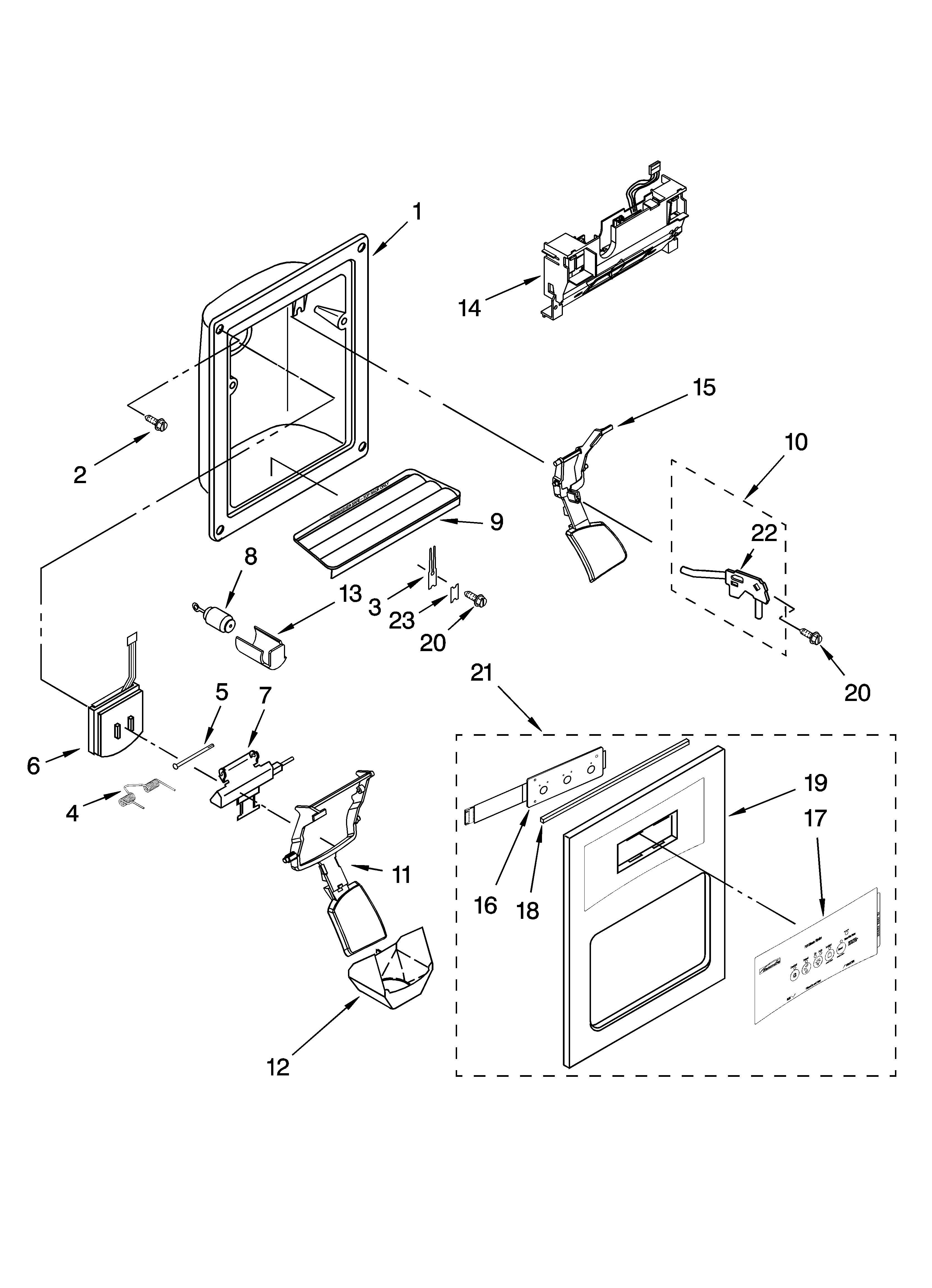 Kenmore 10656823605 dispenser front parts diagram