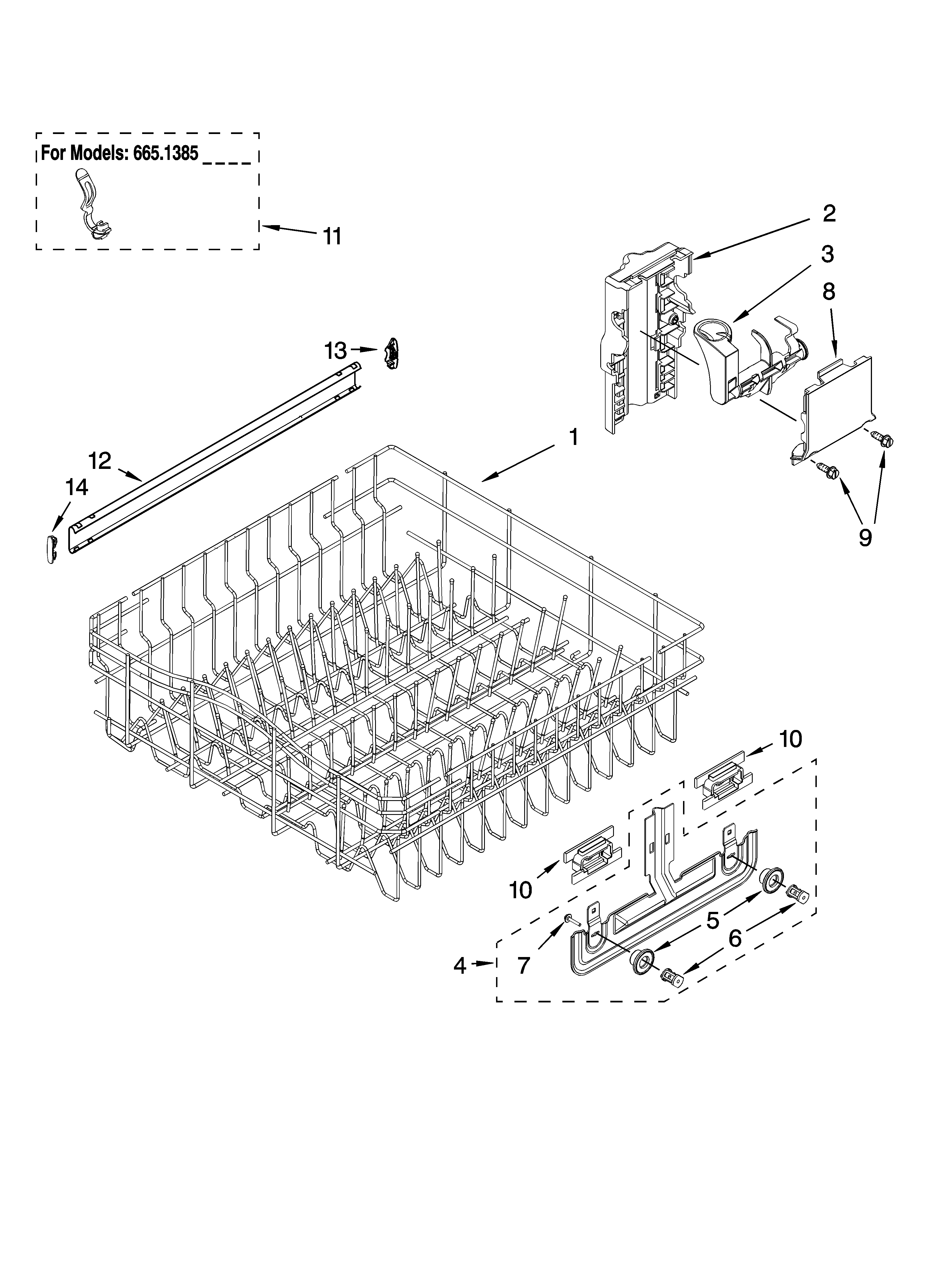 Kenmore Elite 66513753K602 upper rack and track parts diagram