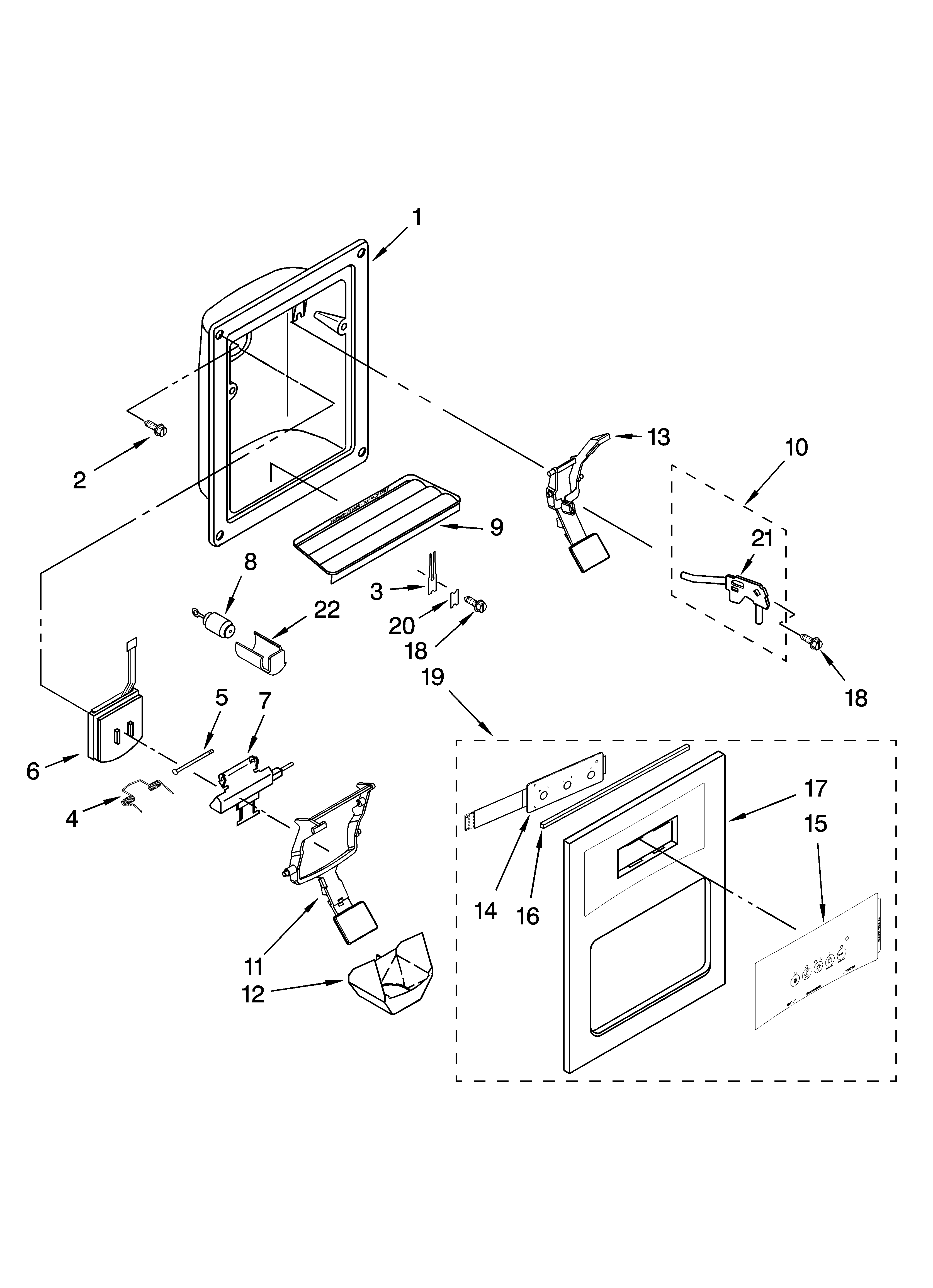 Kenmore 10657033603 dispenser front parts diagram