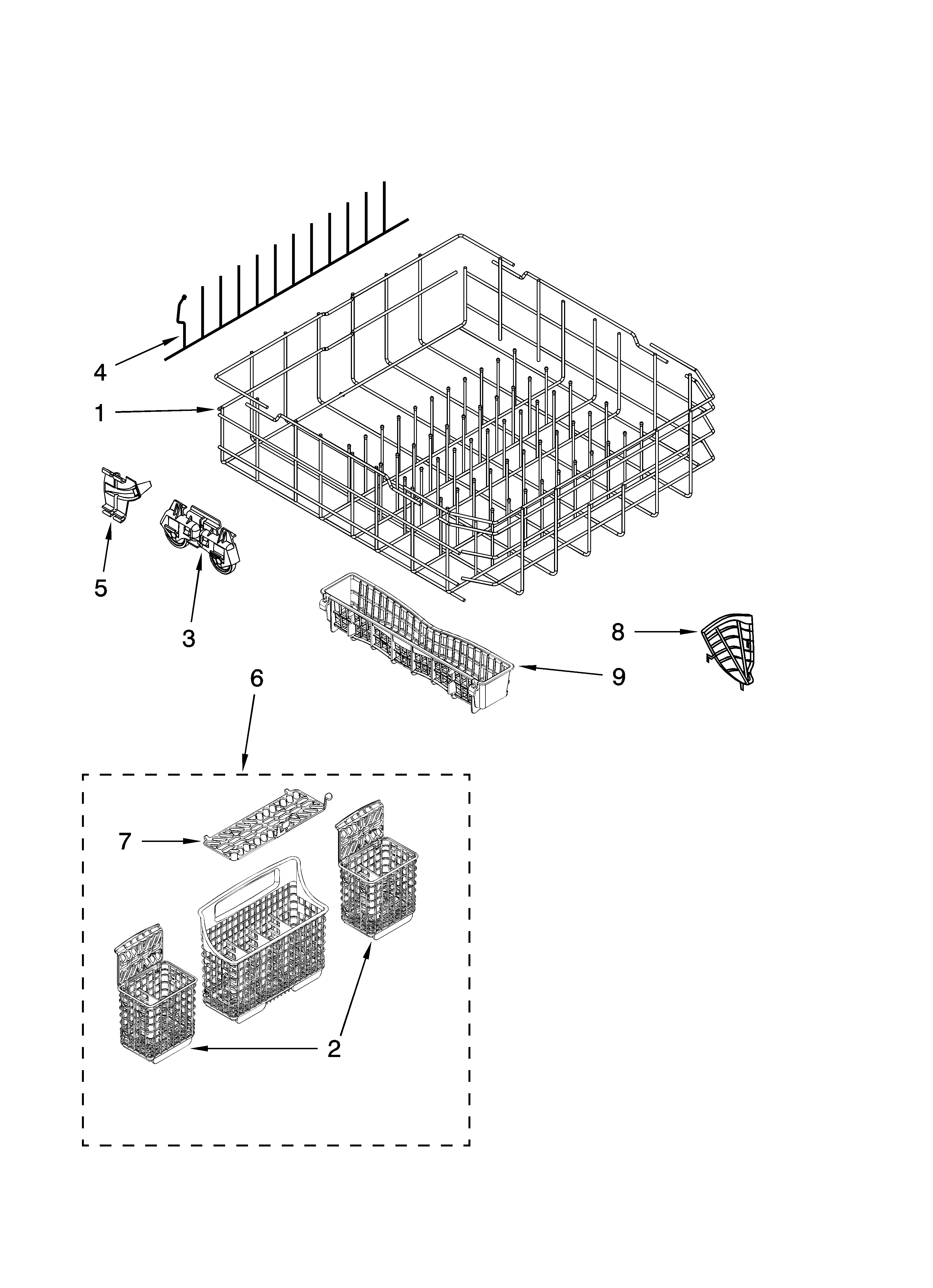 Kenmore 66577983K701 lower rack parts, optional parts (not included) diagram