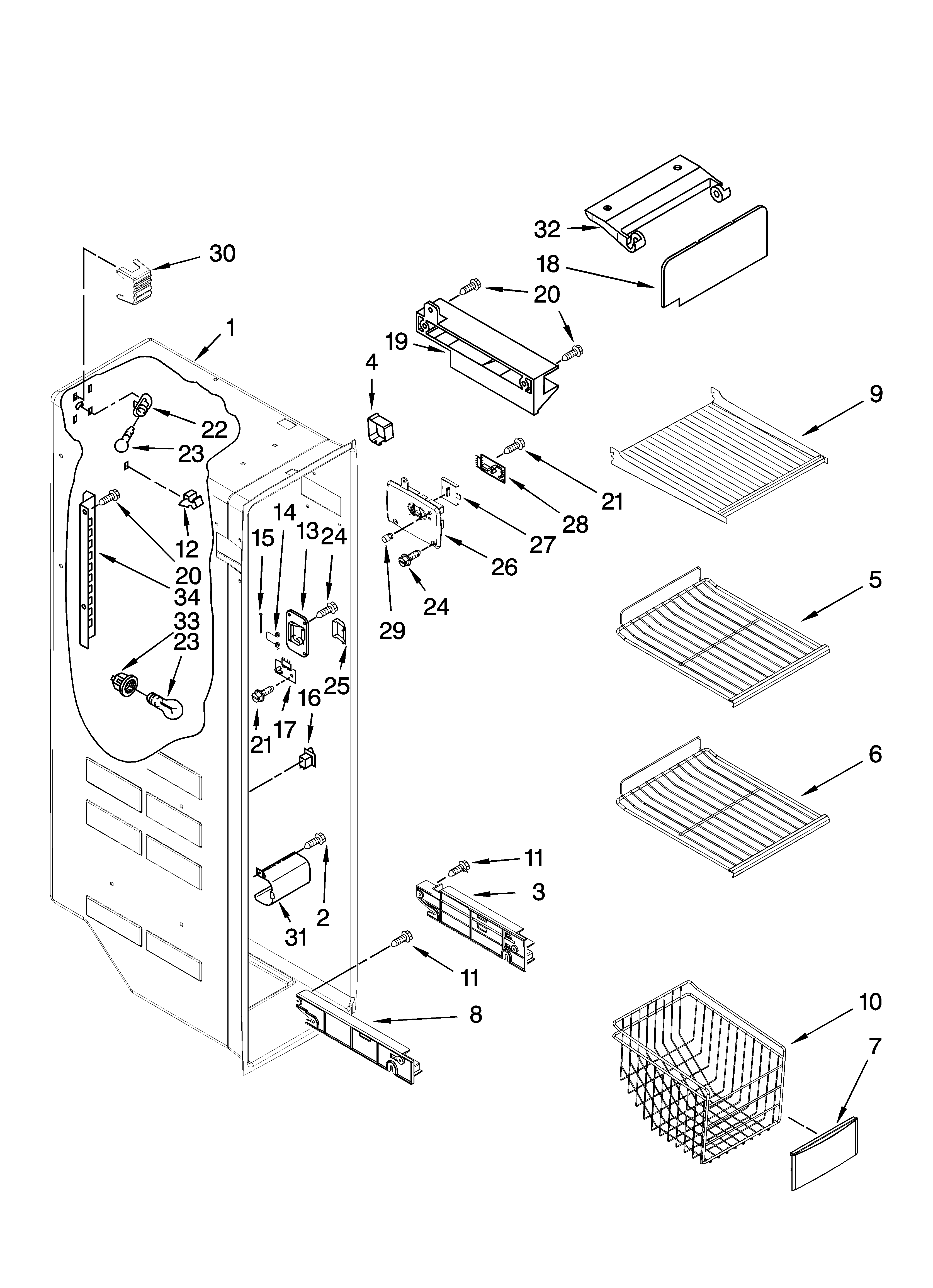 Kenmore 10657073603 freezer liner parts diagram
