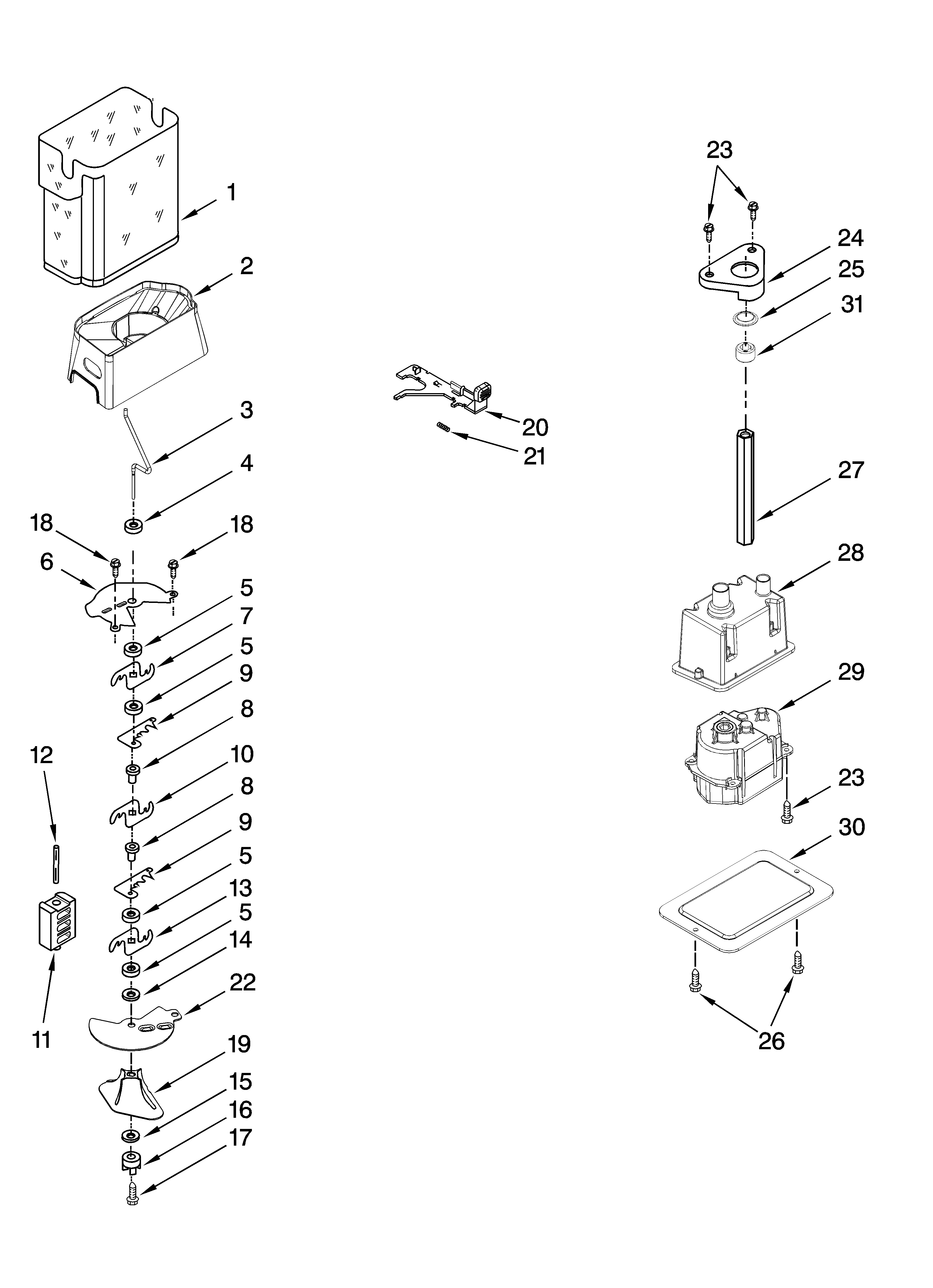 Kenmore 10657073603 motor and ice container parts diagram