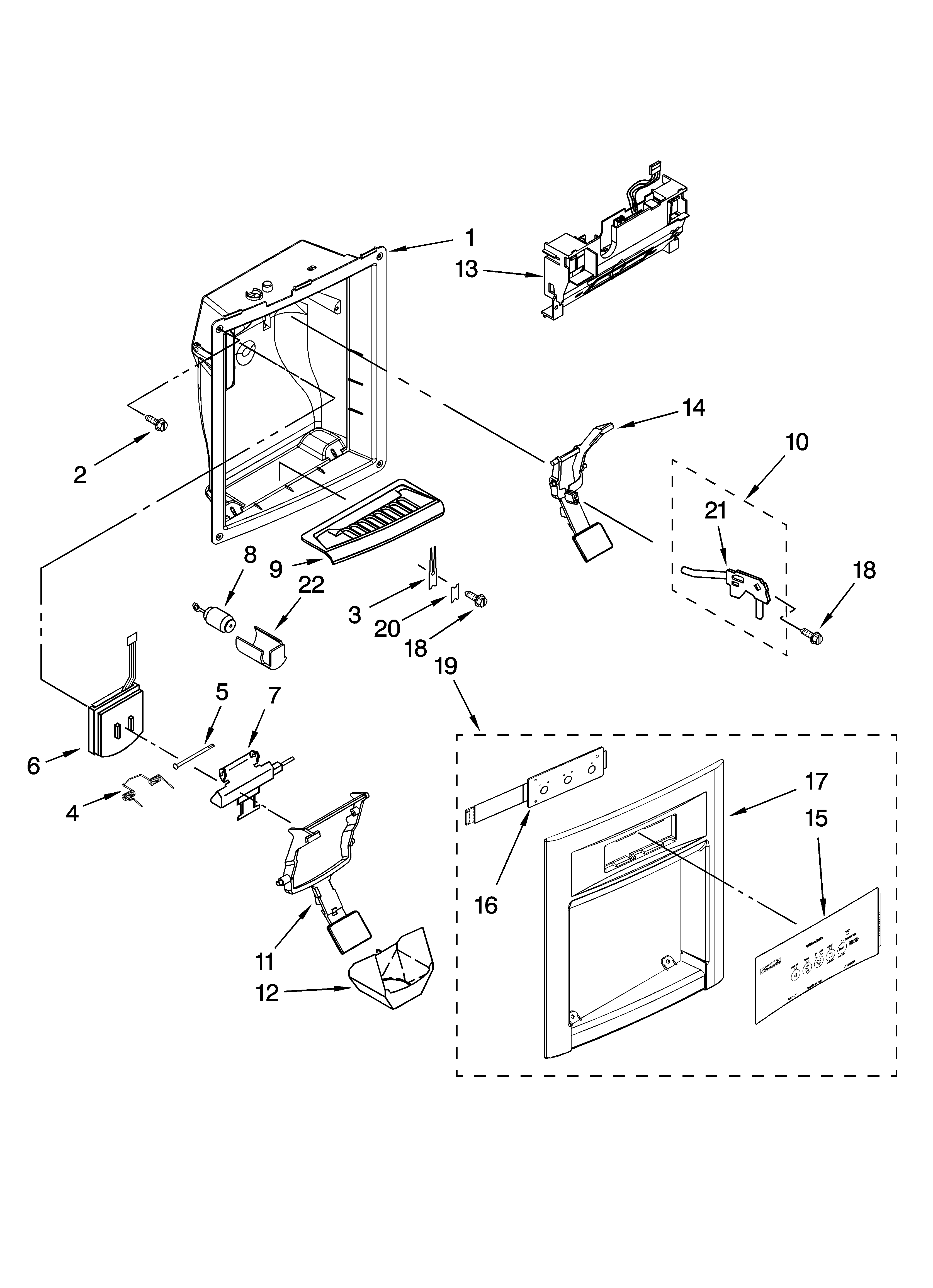 Kenmore 10657073603 dispenser front parts diagram