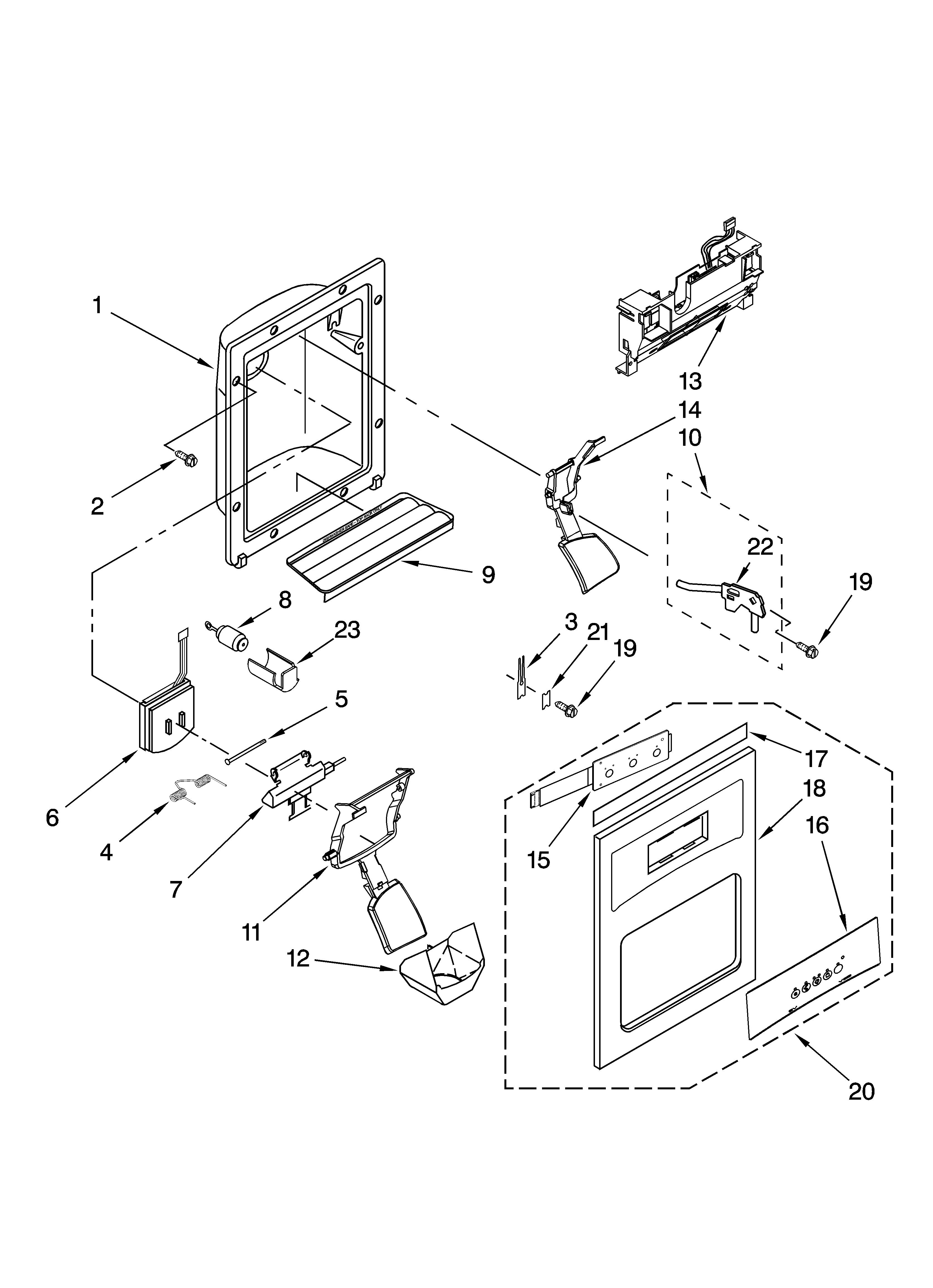Kenmore Elite 10658176704 dispenser front parts diagram