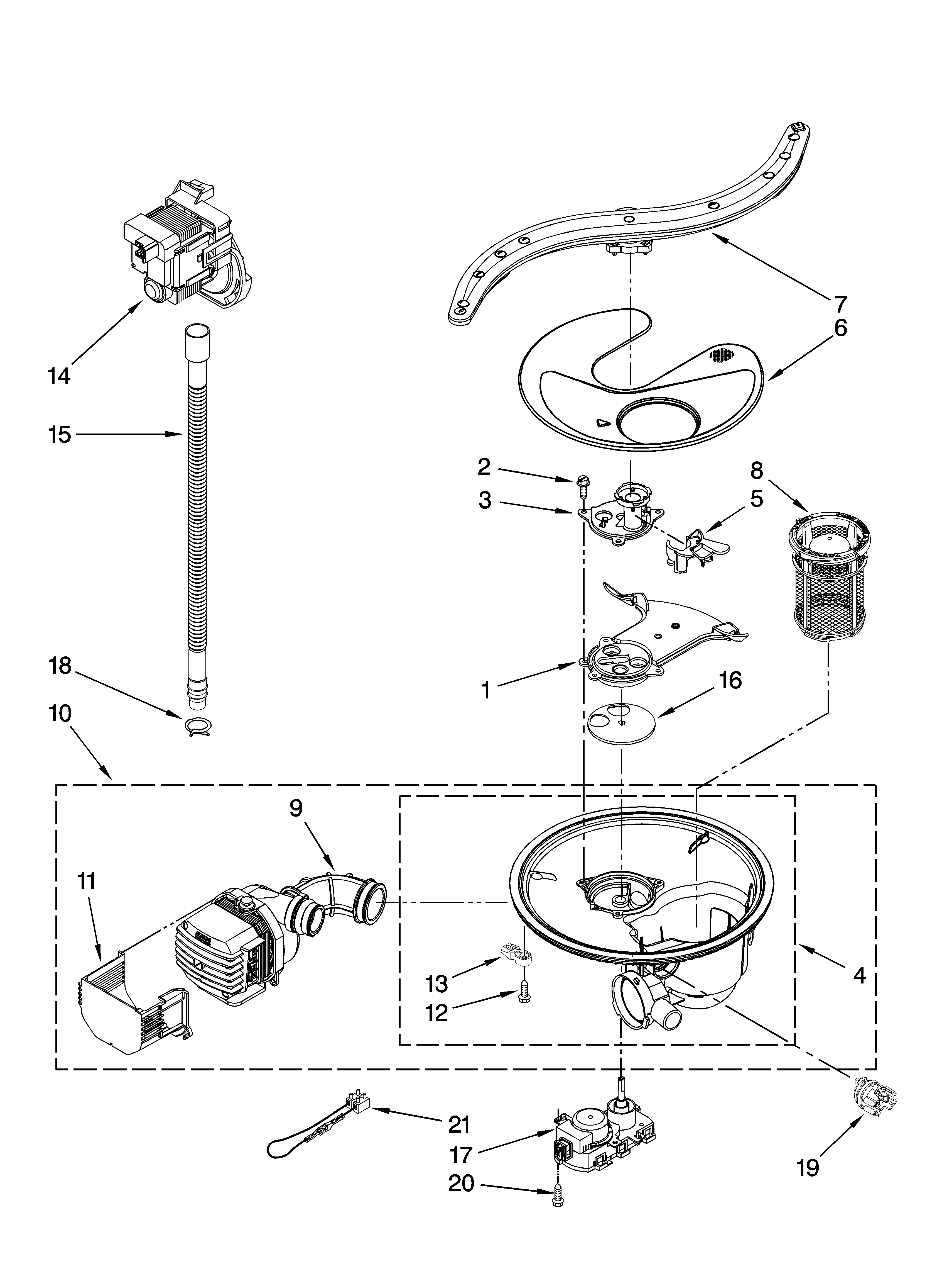 Kenmore Elite 66513169K700 pump, washarm and motor parts diagram