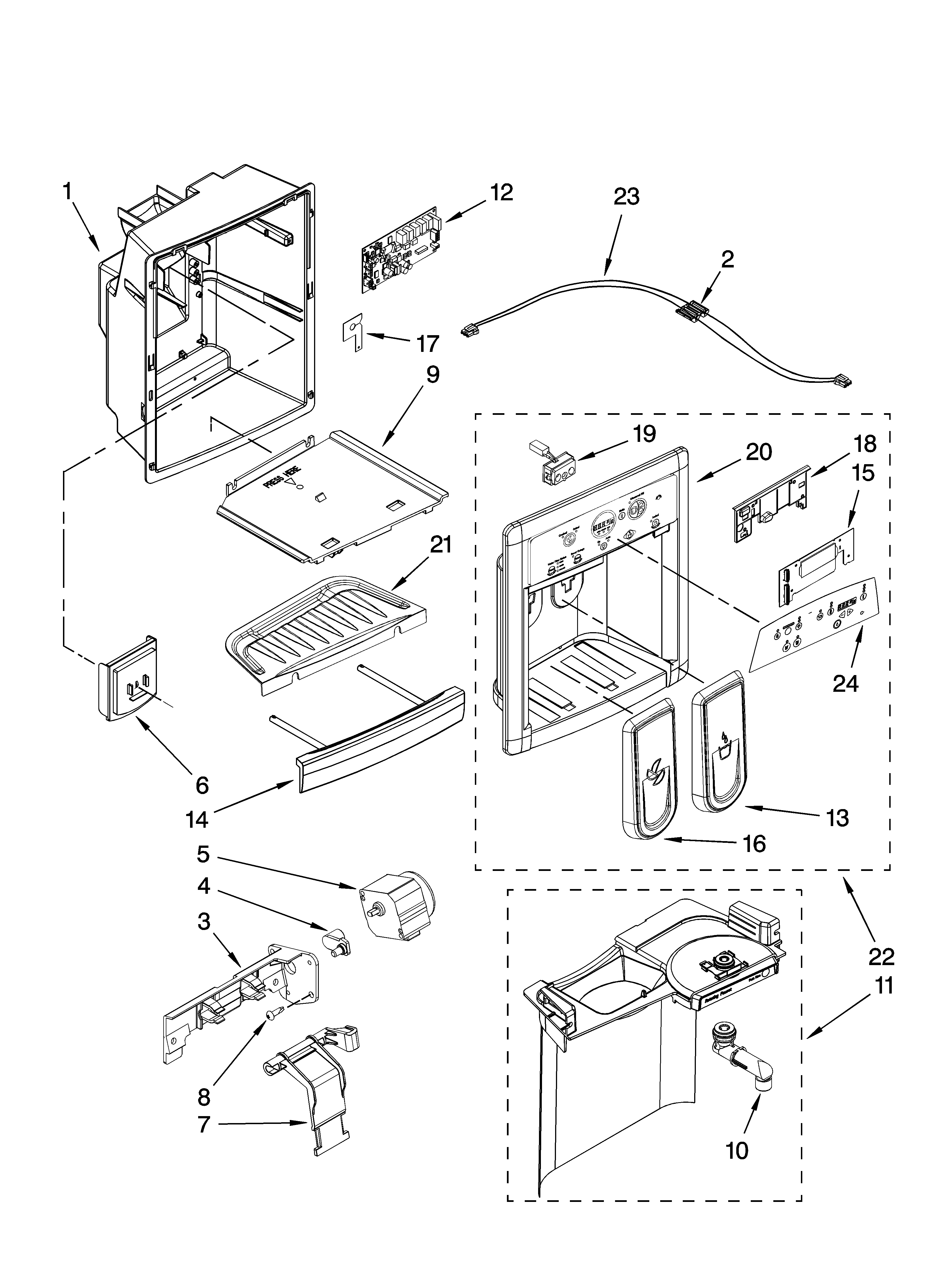 Kenmore Elite 10657712702 dispenser front parts diagram