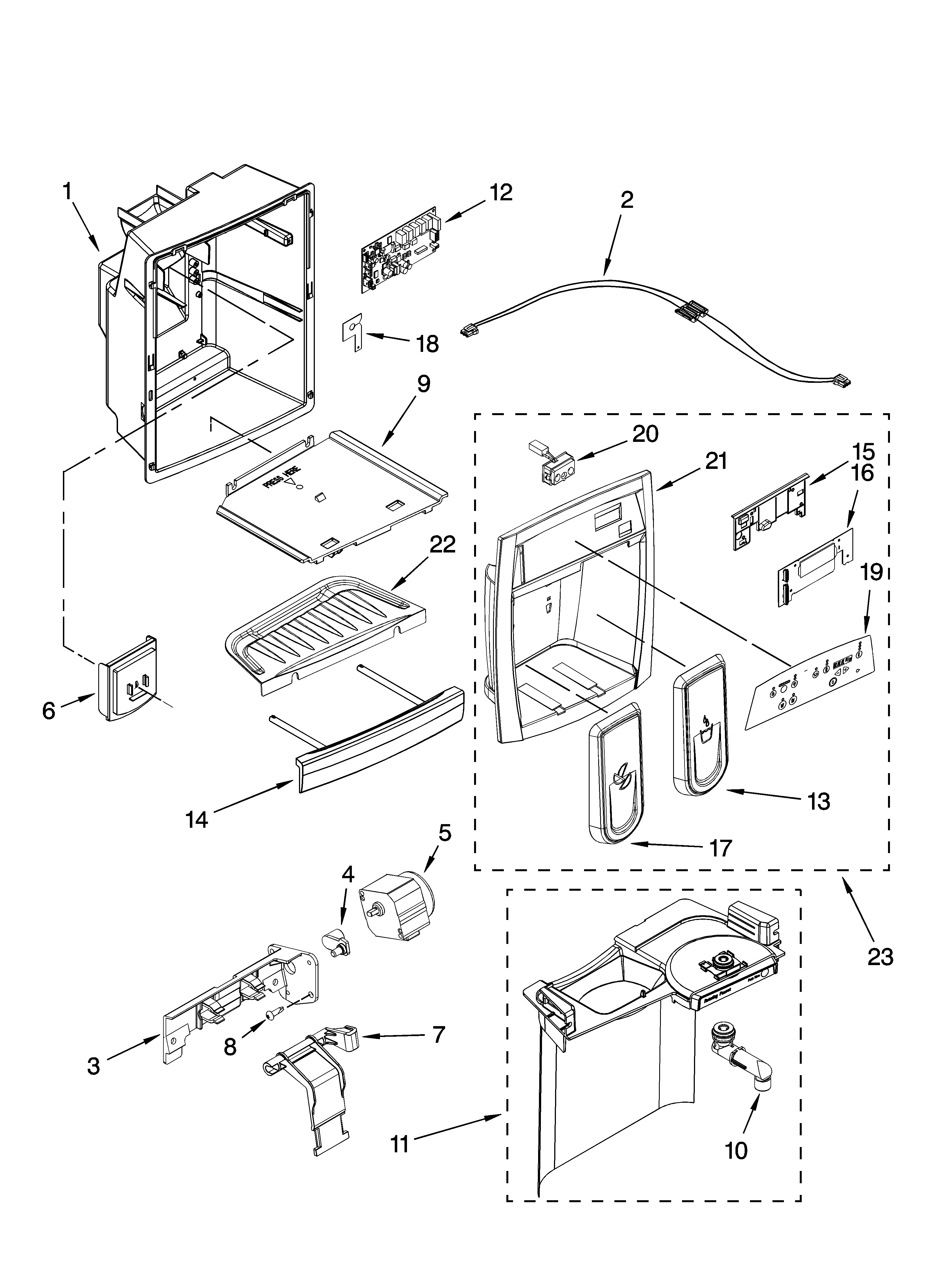 Kenmore Elite 10657794702 dispenser front parts diagram