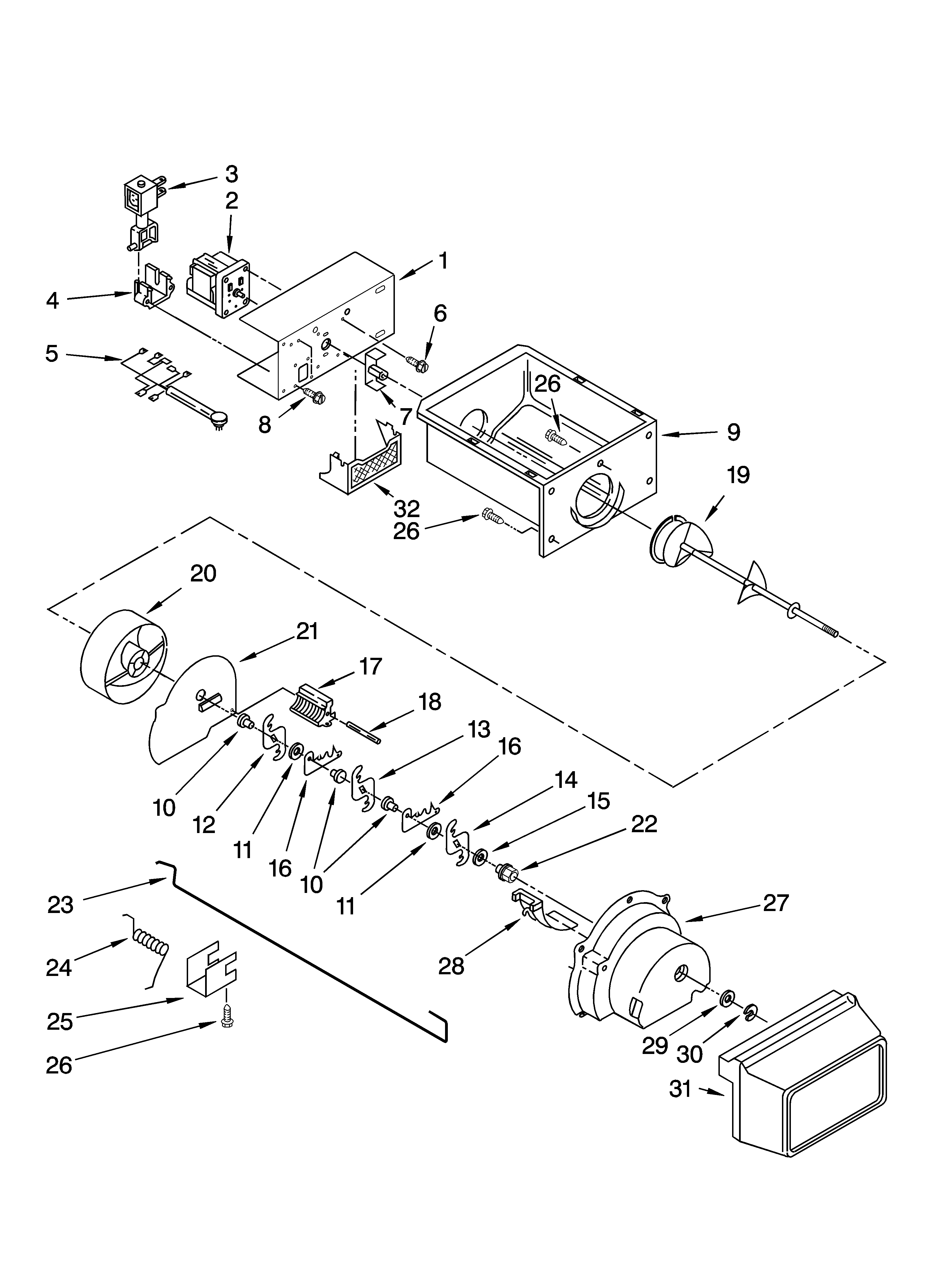 Kenmore 10657989701 motor and ice container parts diagram