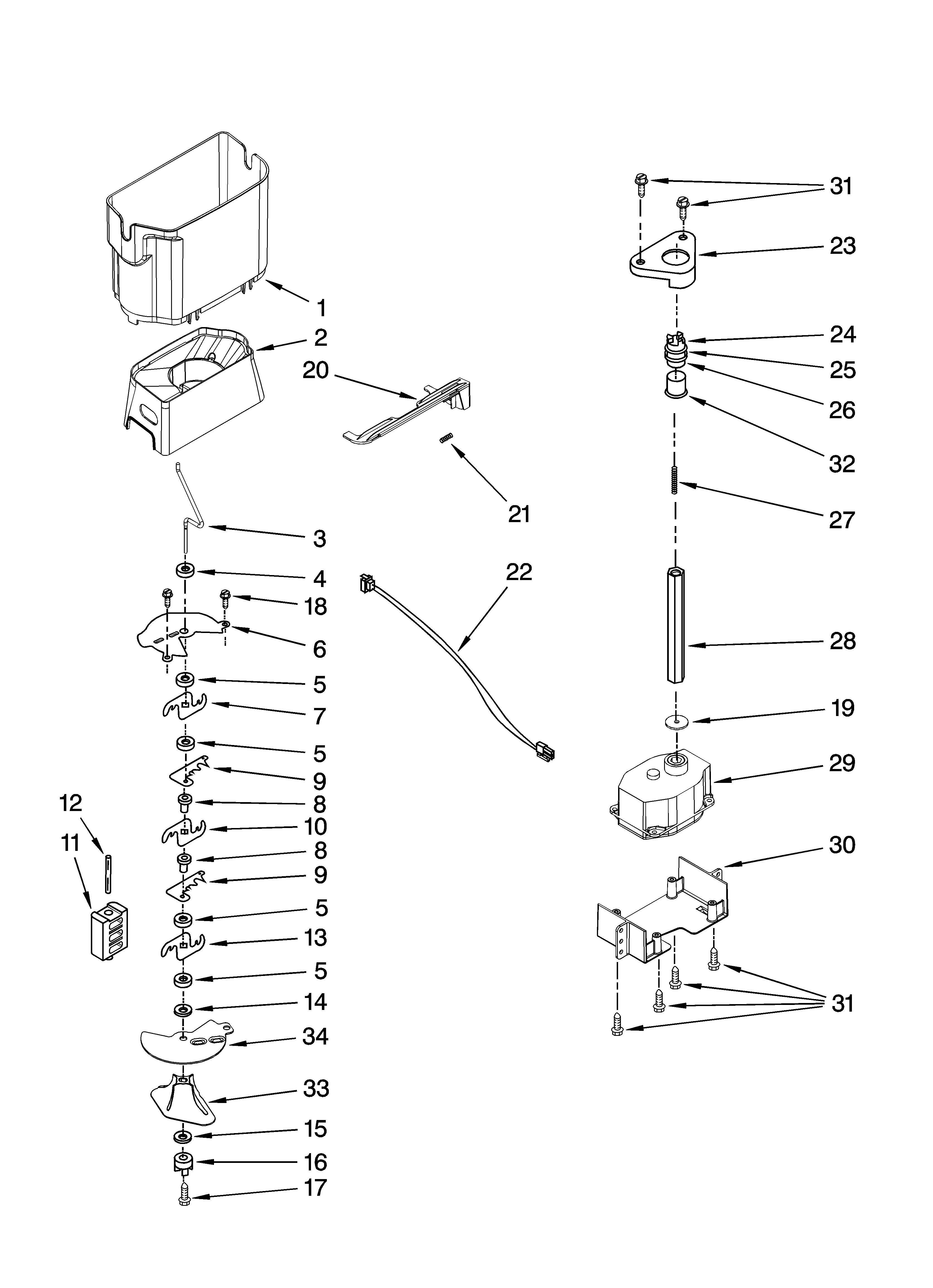 Kenmore Elite 10657713703 motor and ice container parts diagram