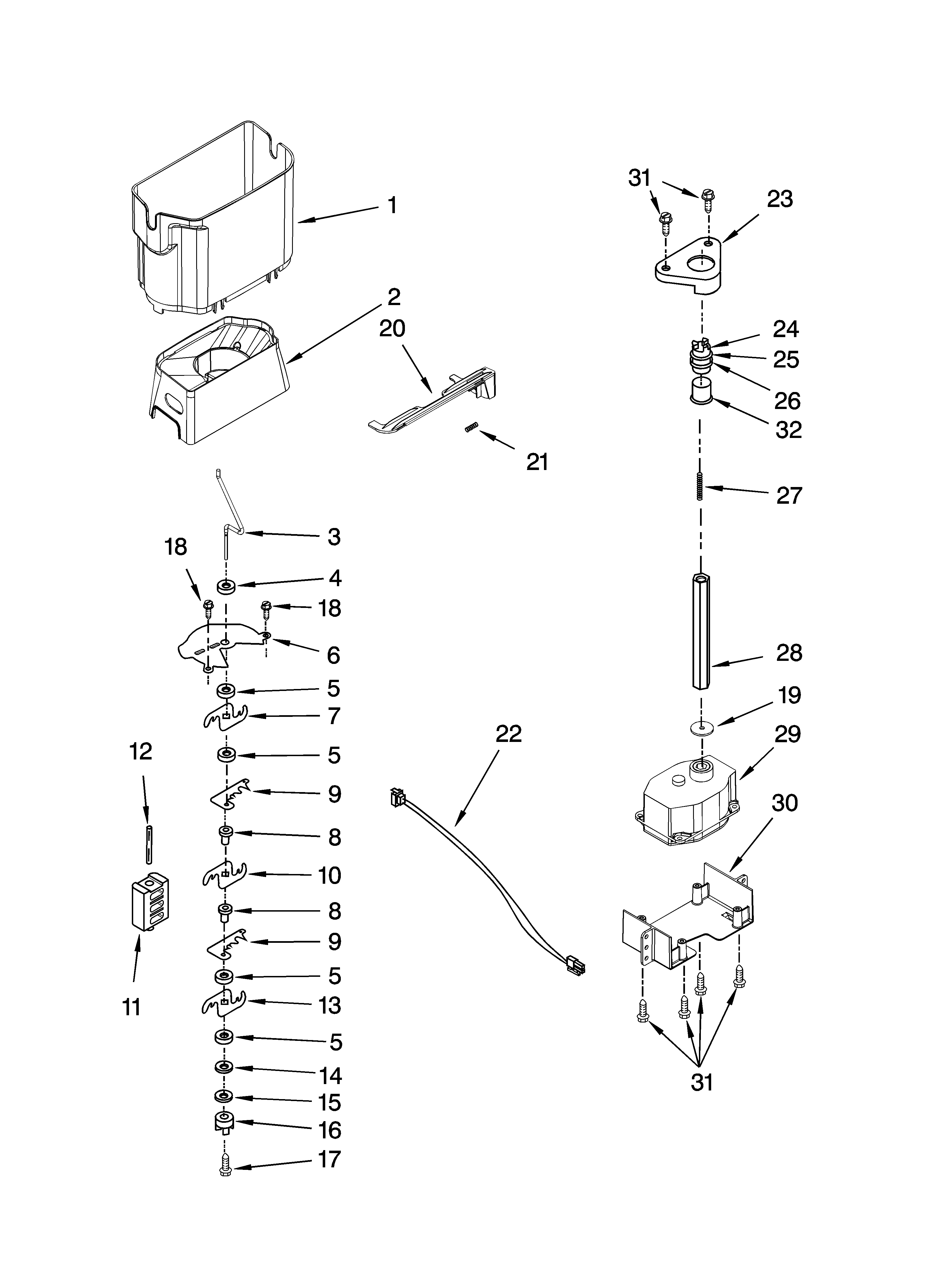 Kenmore Elite 10657453702 motor and ice container parts diagram