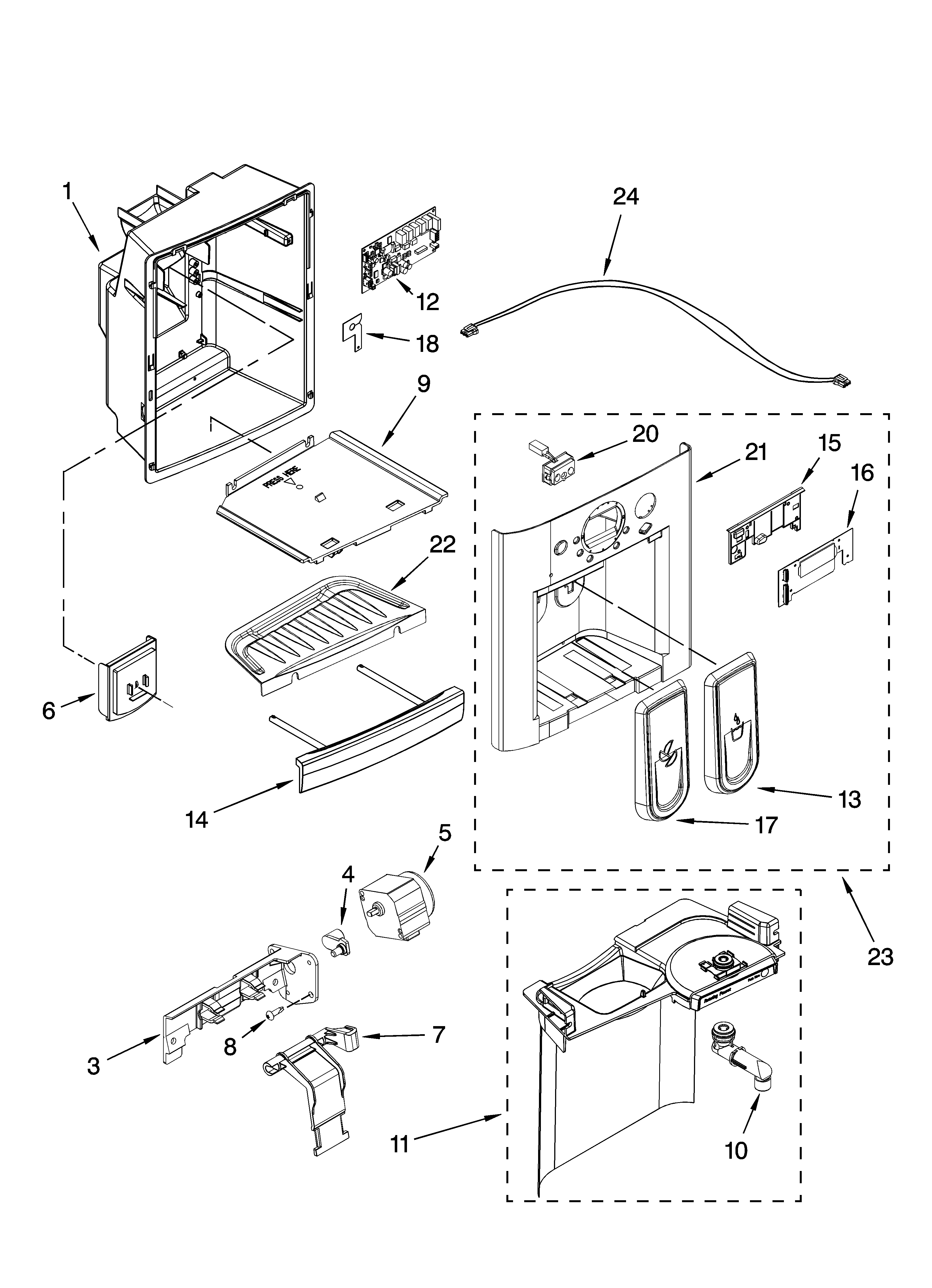 Kenmore Elite 10657453702 dispenser front parts diagram