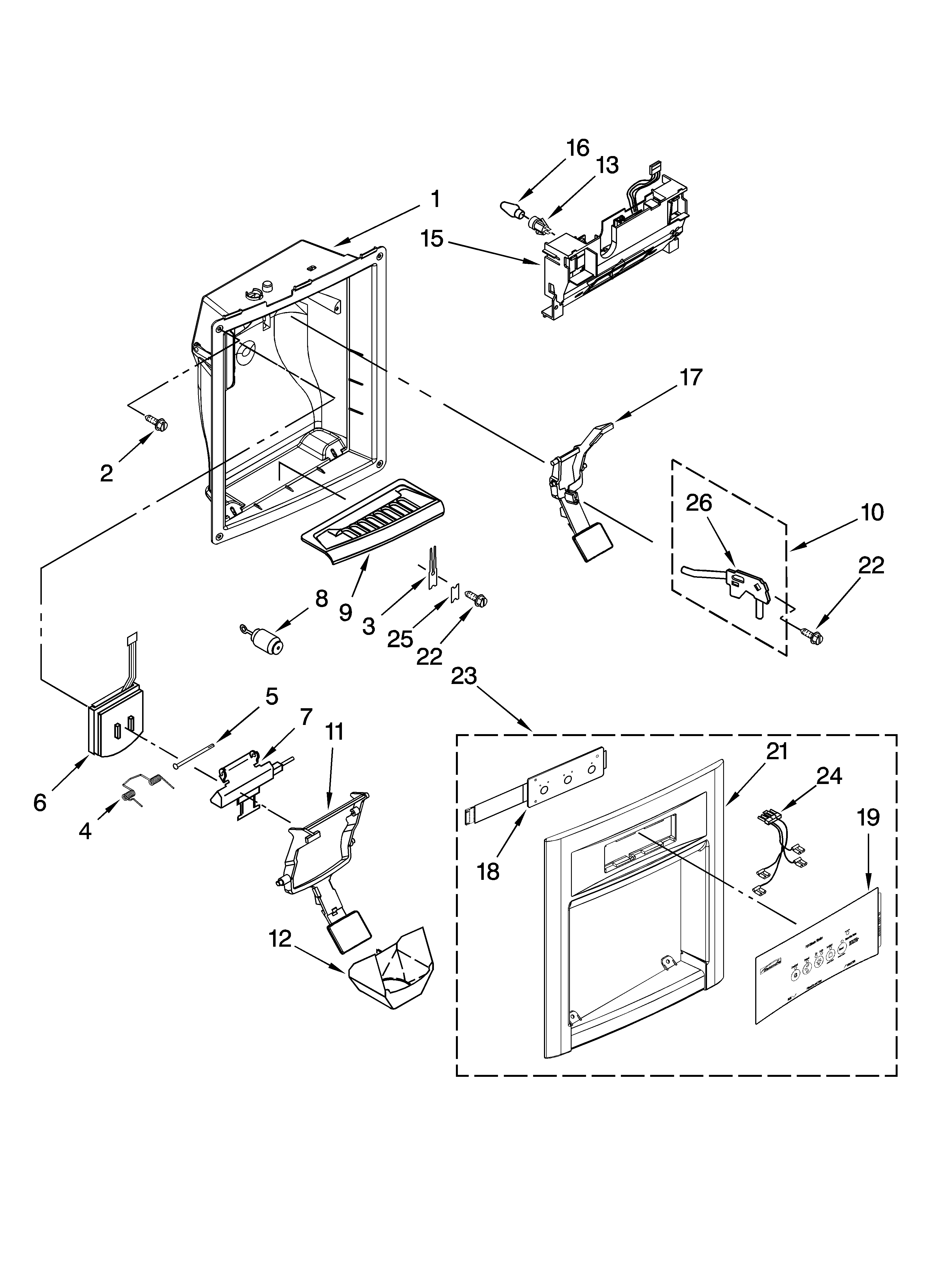Kenmore 10657912701 dispenser front parts diagram