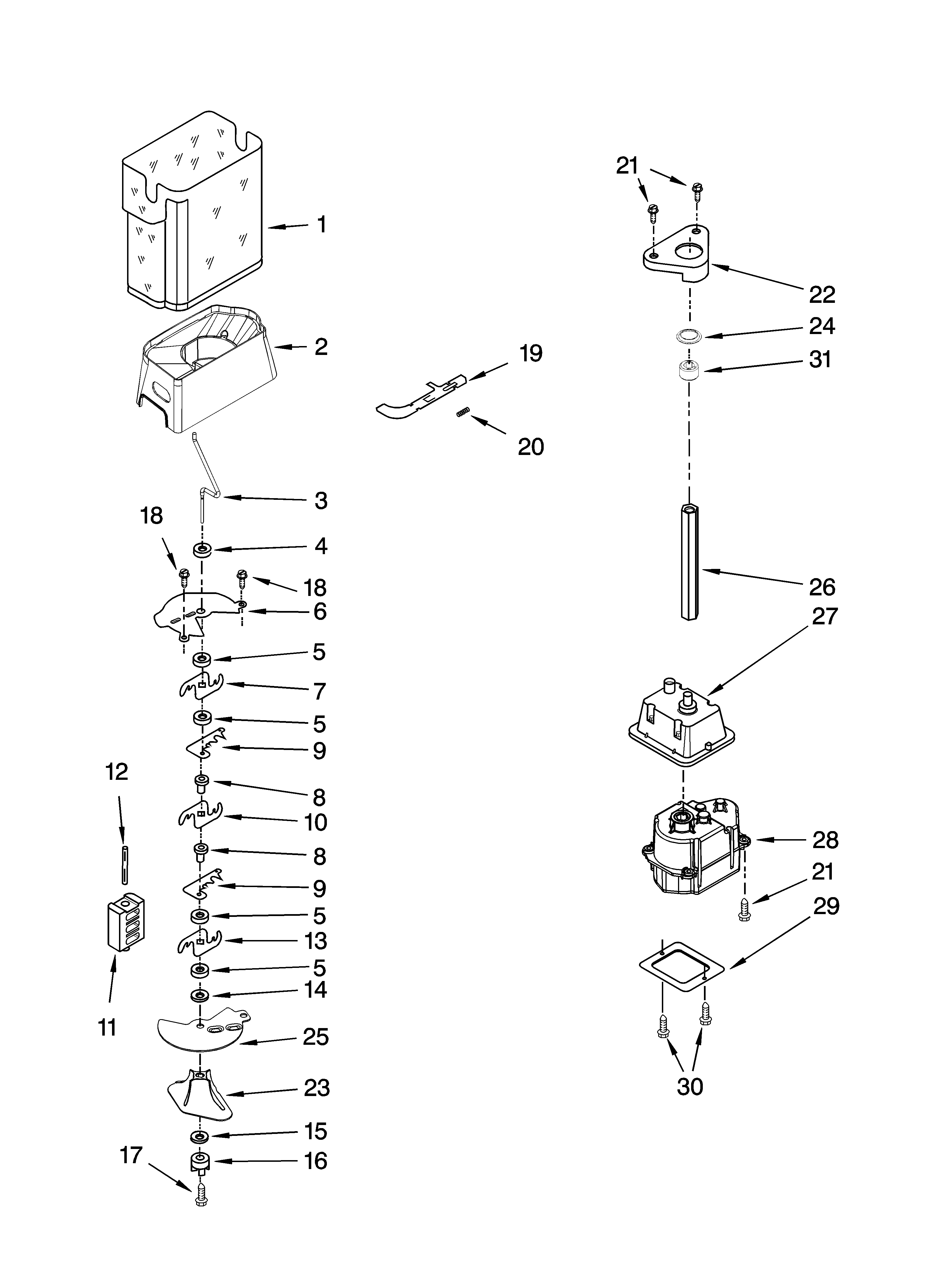 Kenmore 10658726800 motor and ice container parts diagram