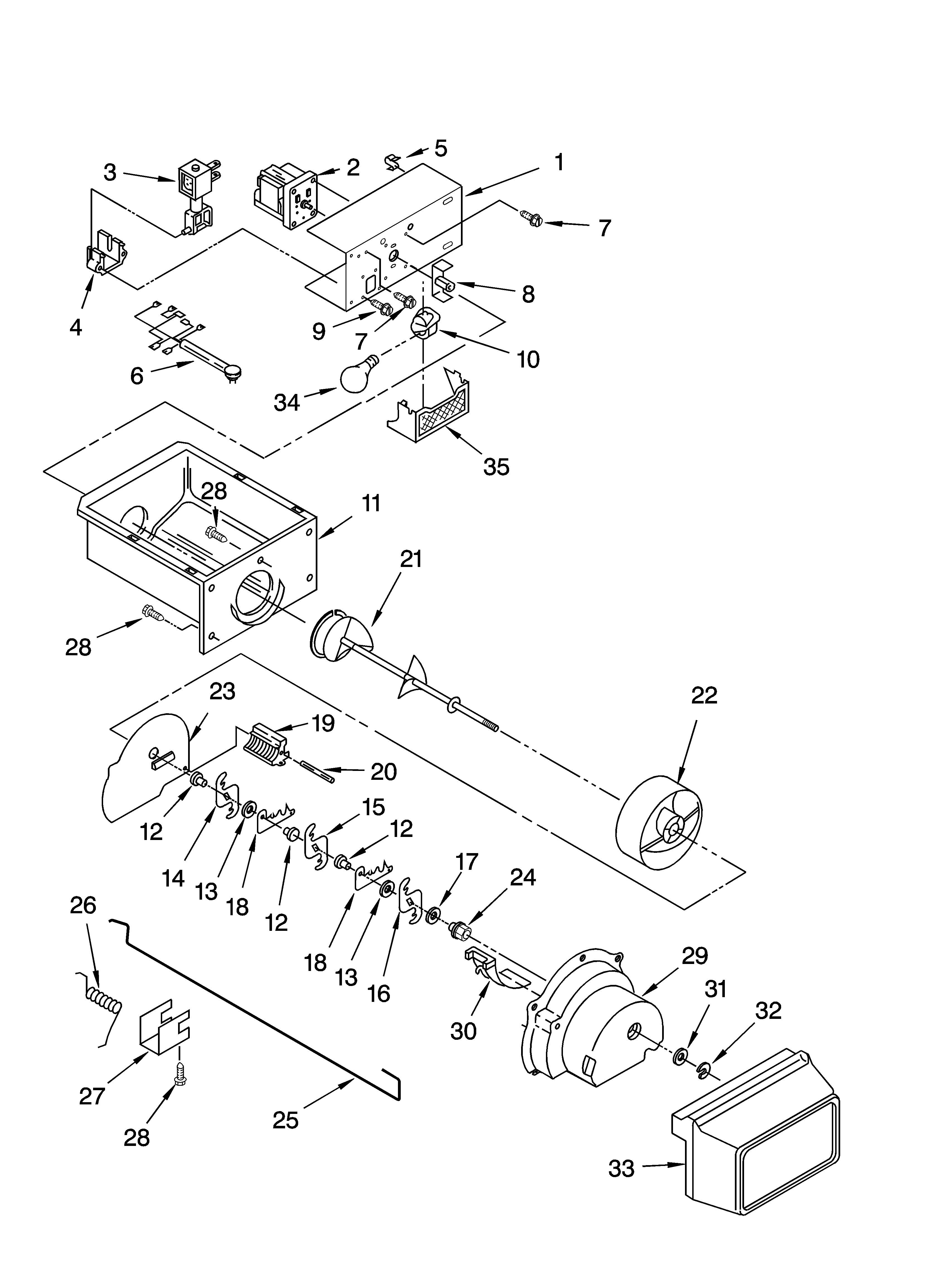 Kenmore 10658982800 motor and ice container parts diagram