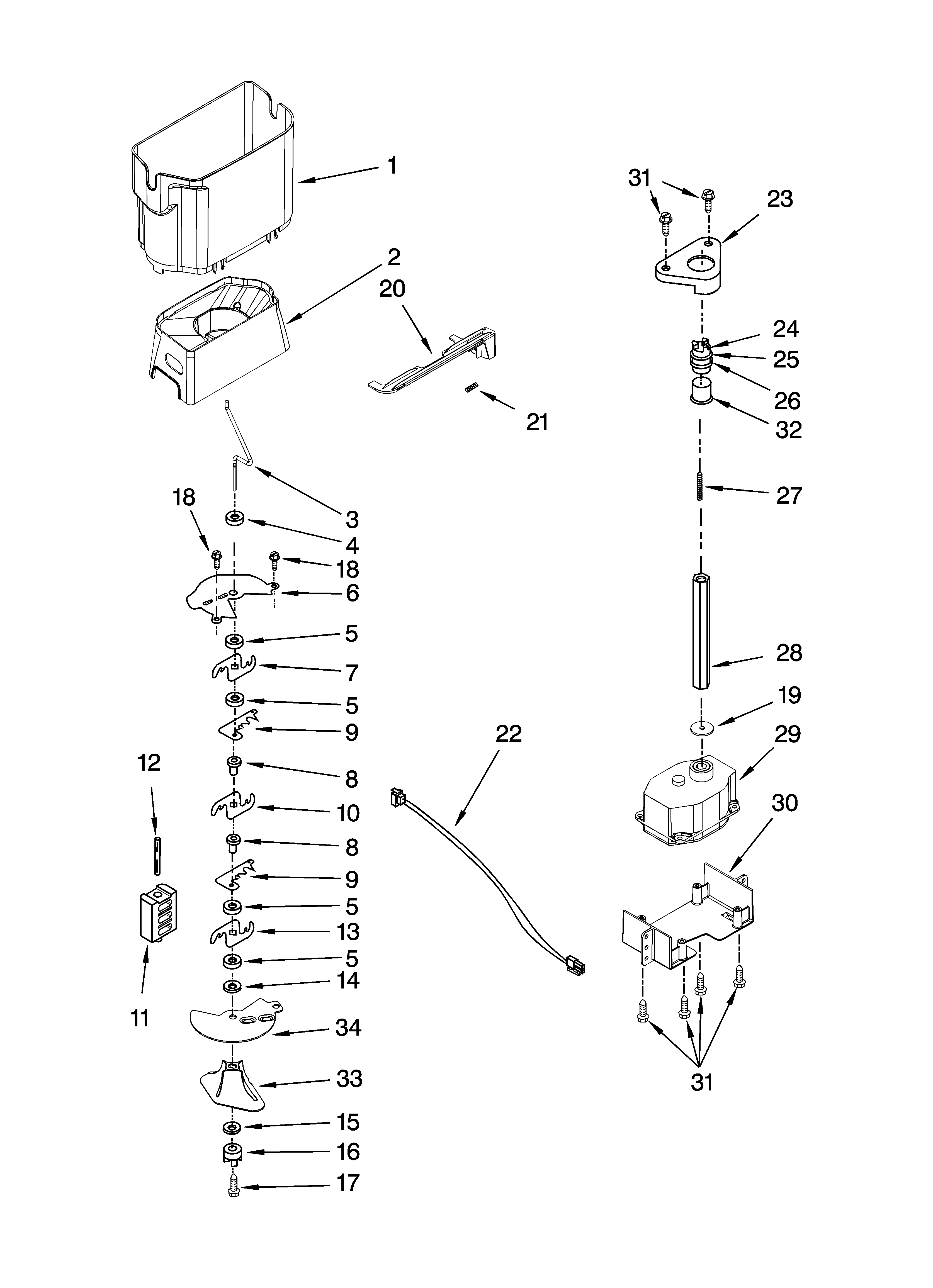 Kenmore Elite 10657459703 motor and ice container parts diagram