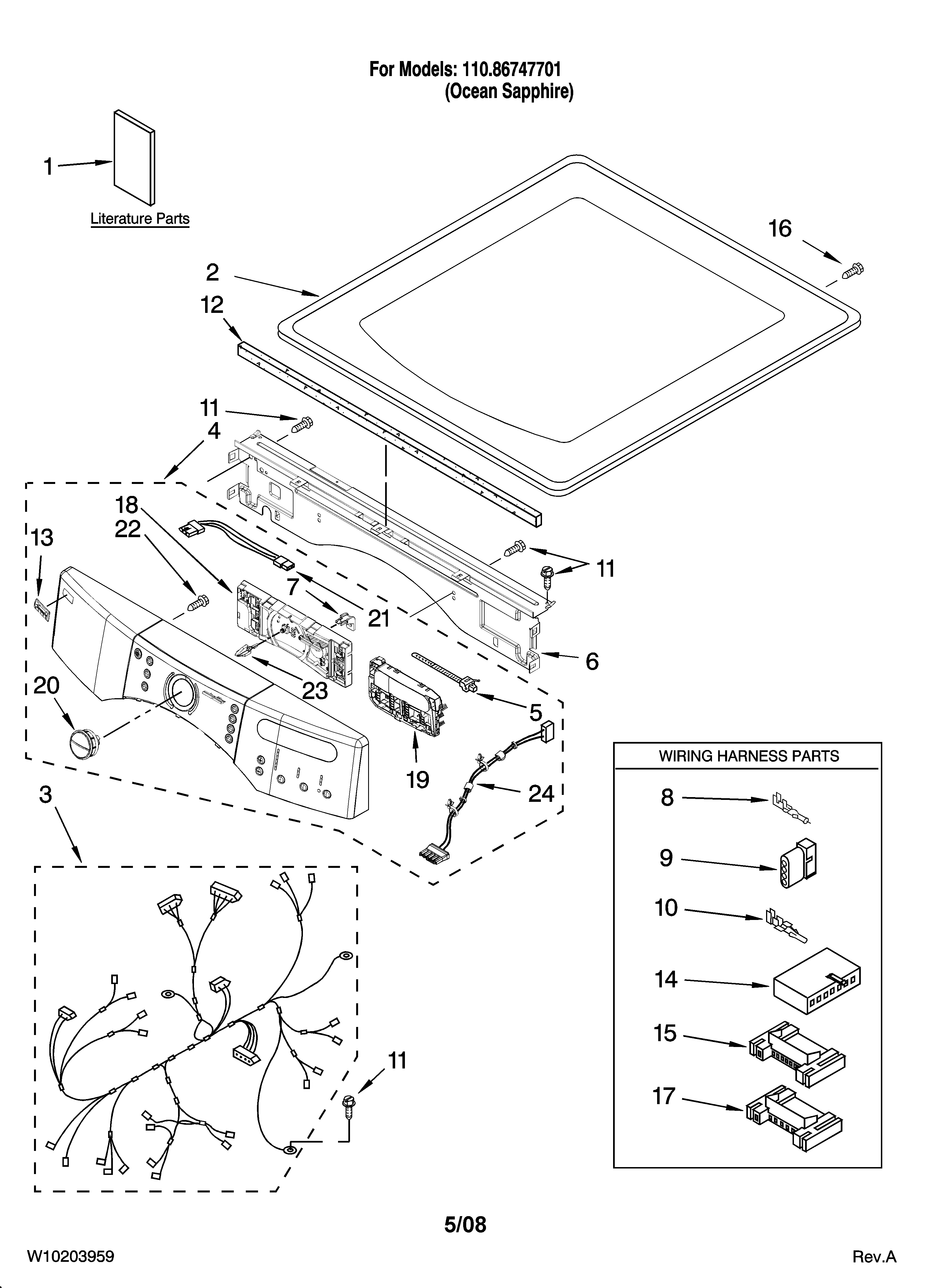 Kenmore Elite 11086747701 top and console parts diagram