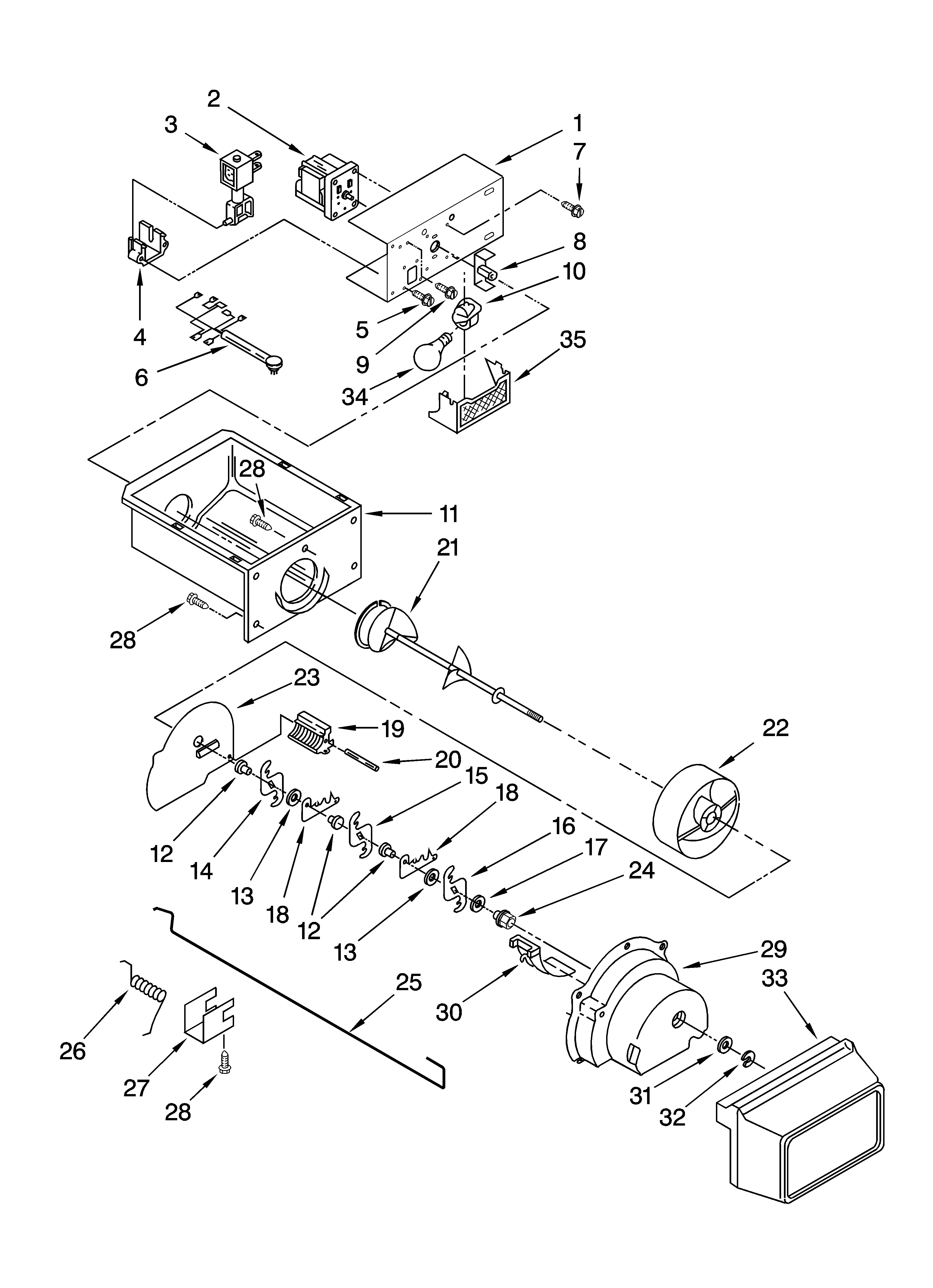 Kenmore 10659522800 motor and ice container parts diagram