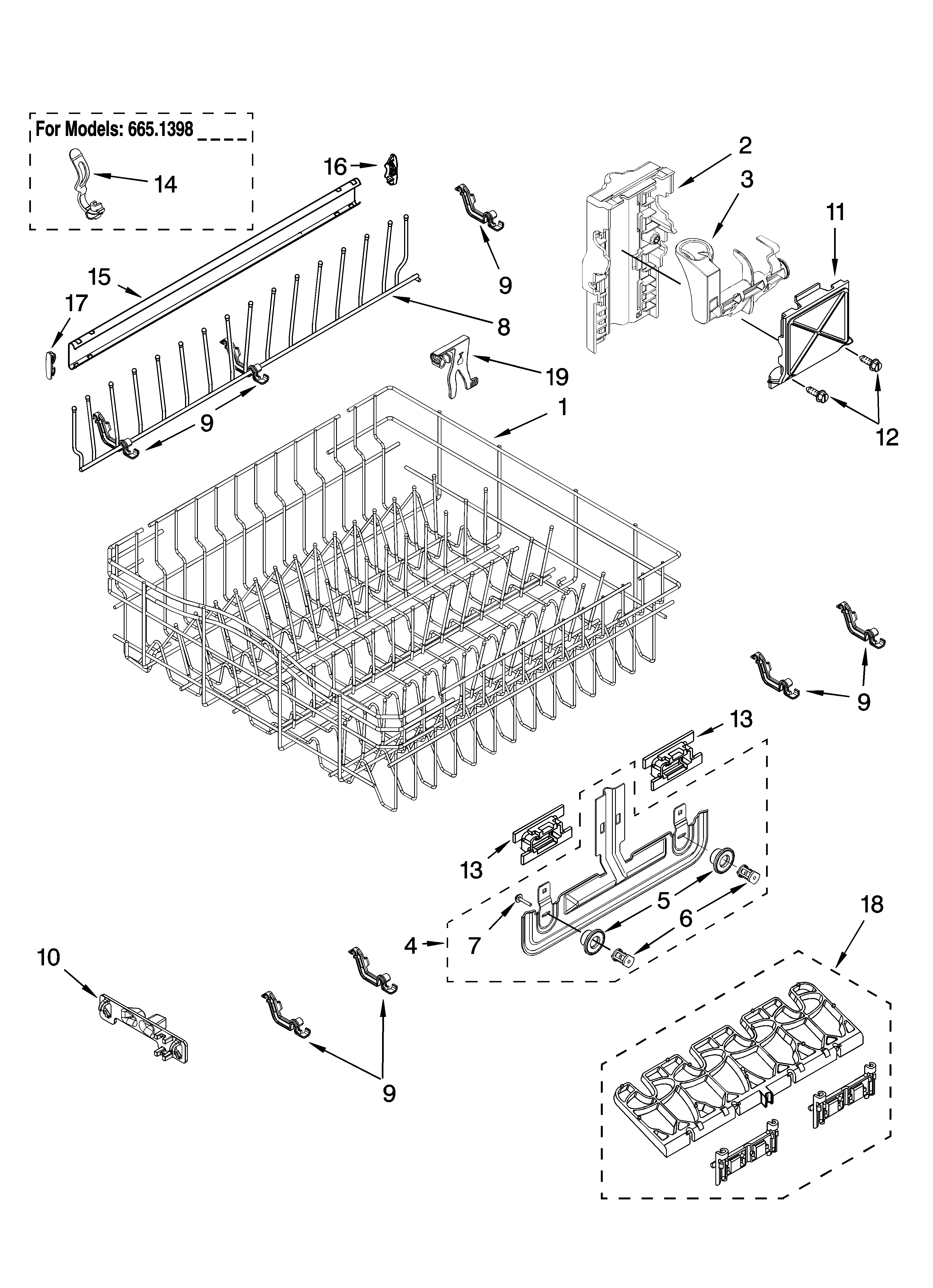 Kenmore 66513983K800 upper rack and track parts diagram