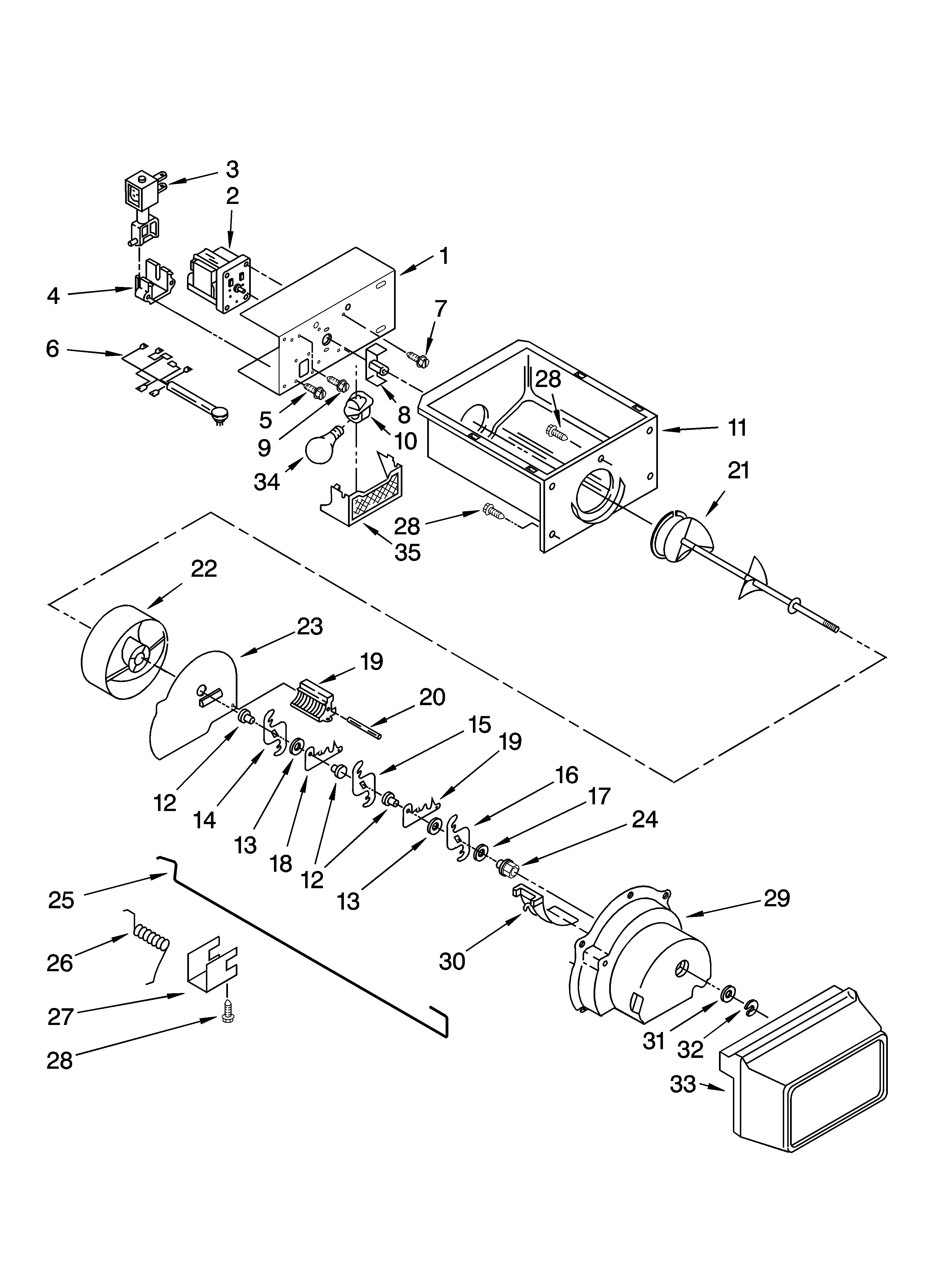 Kenmore 10658122700 motor and ice container parts diagram