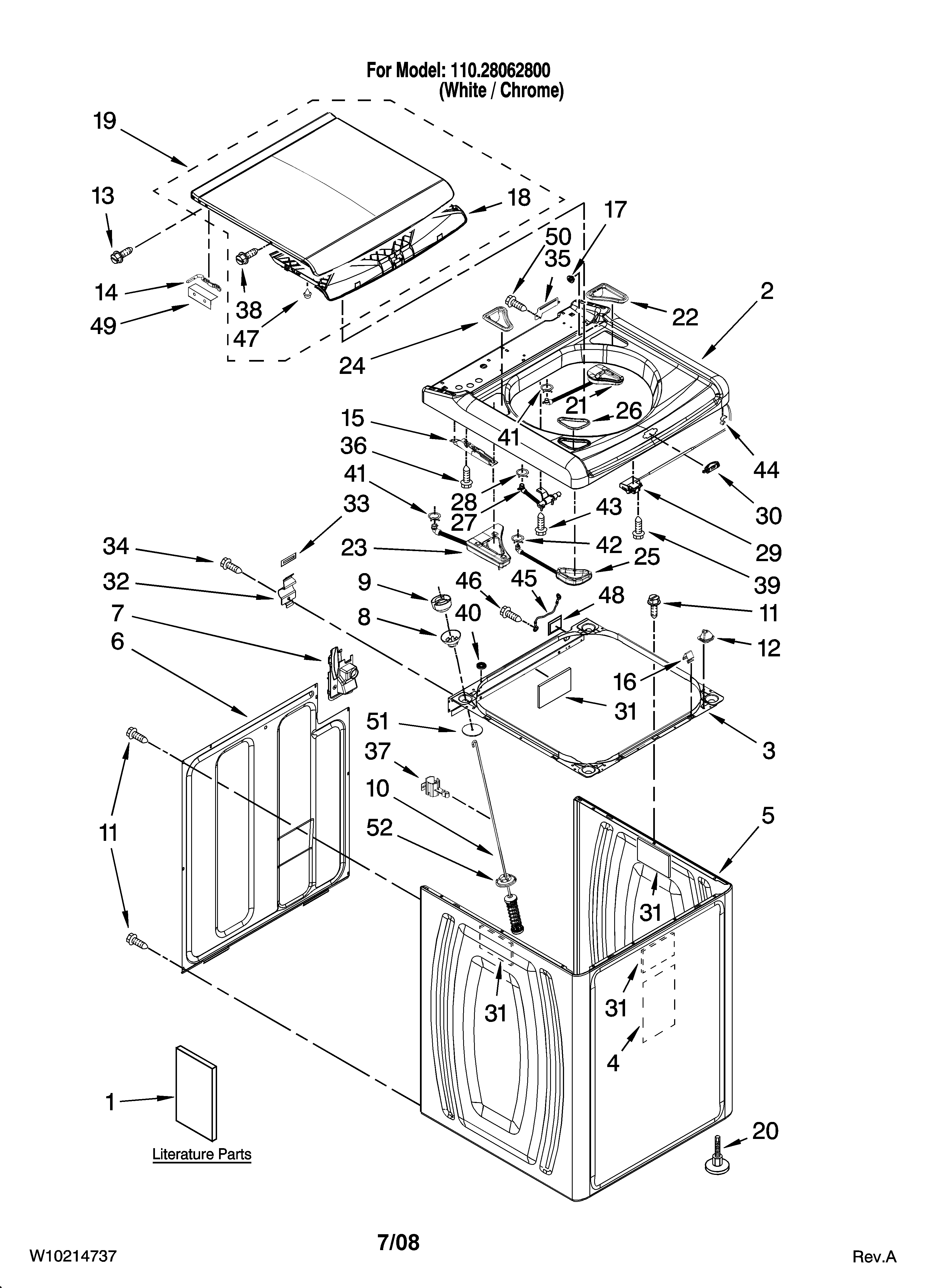 Kenmore Elite 11028062800 top and cabinet parts diagram