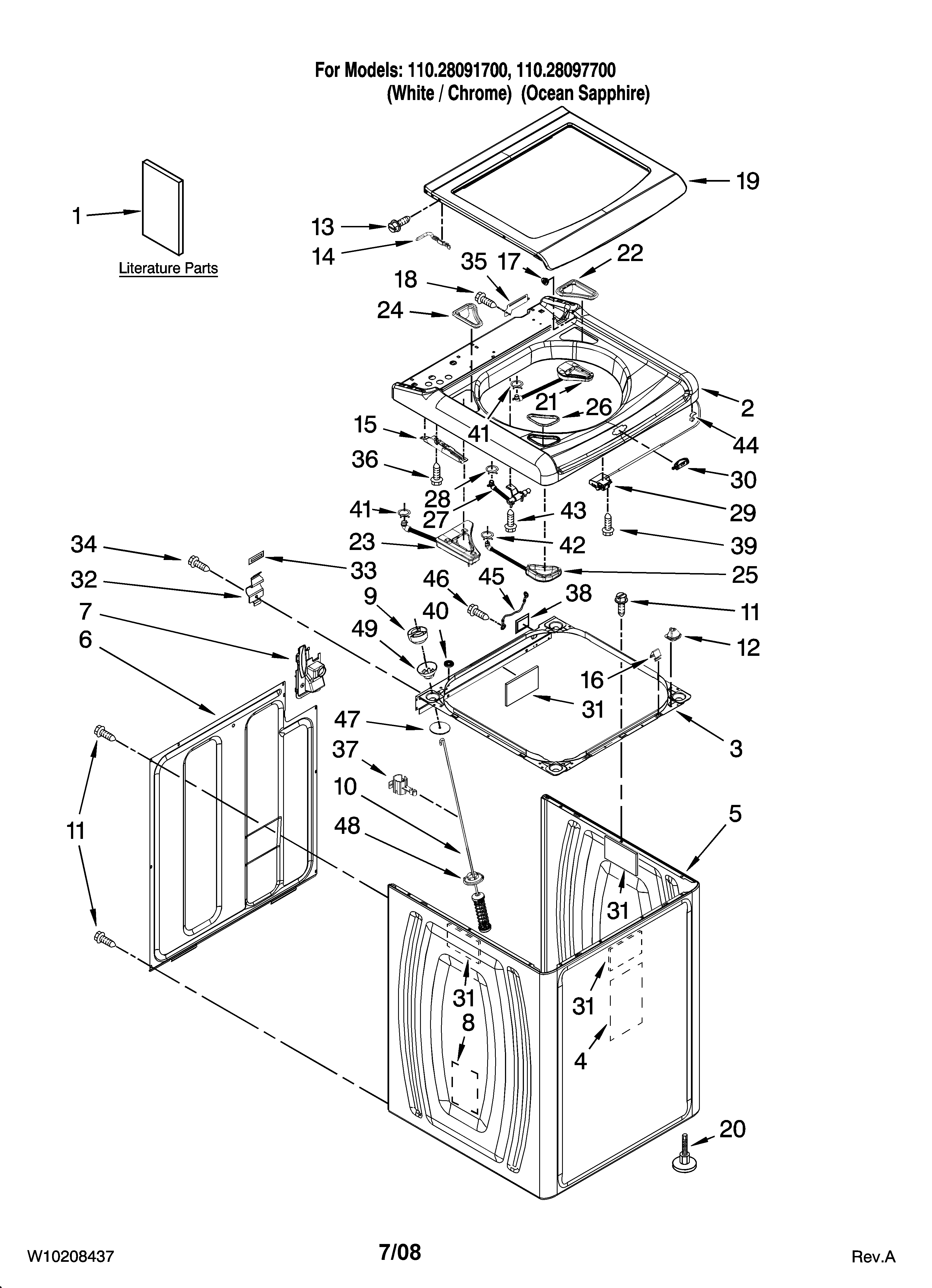 Kenmore Elite 11028091700 top and cabinet parts diagram