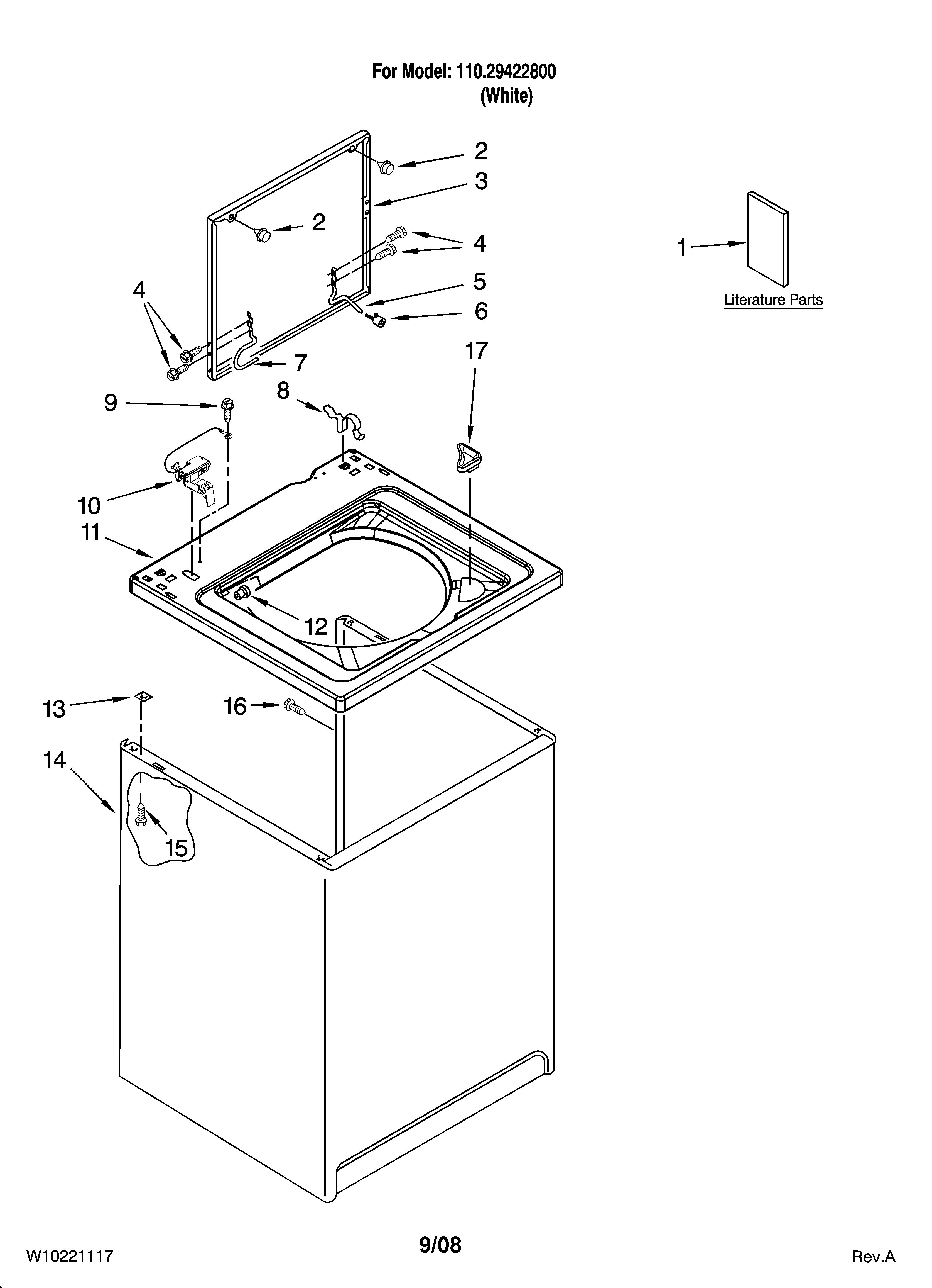 Kenmore 11029422800 top and cabinet parts diagram