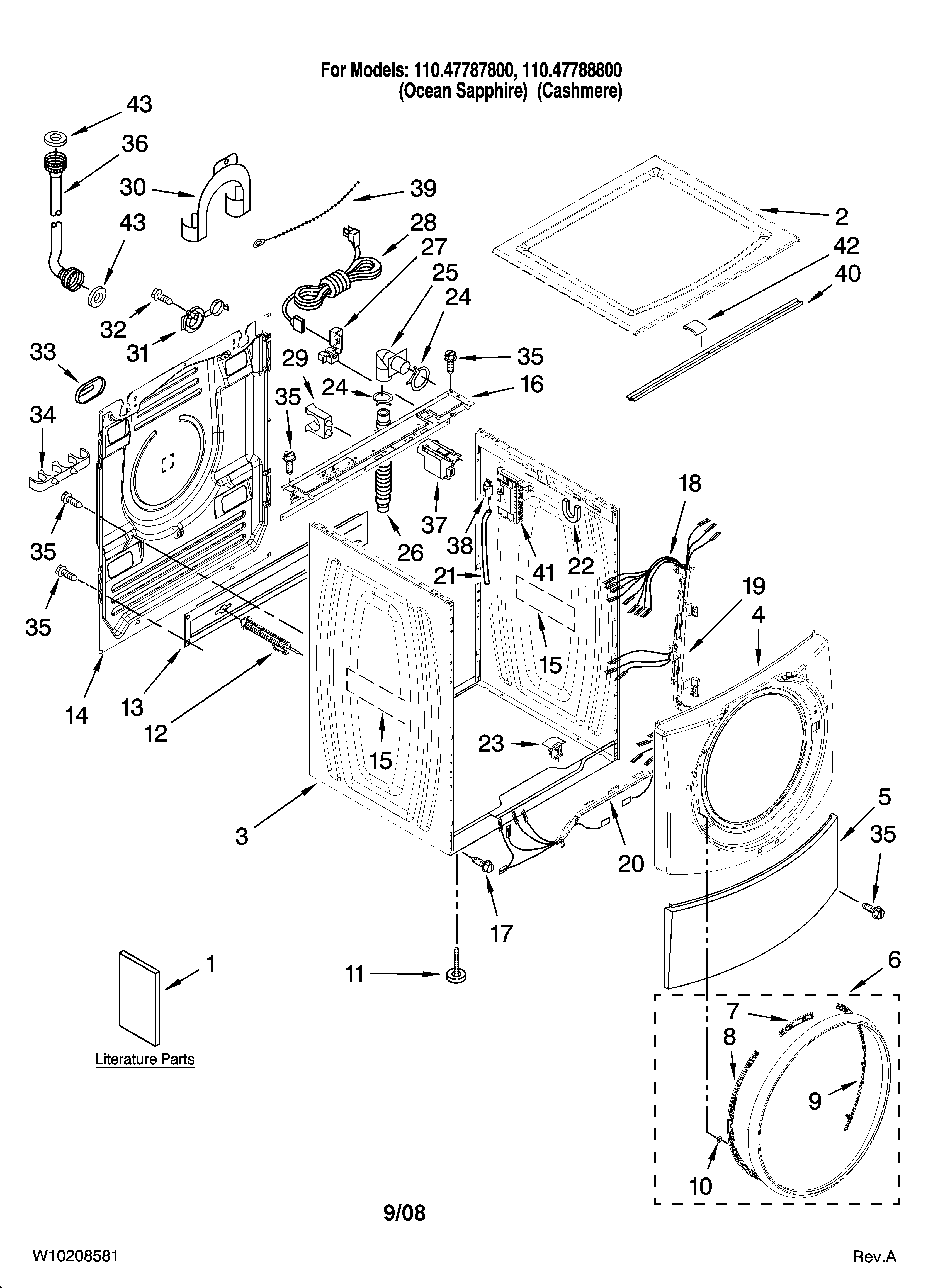 Kenmore Elite 11047787800 top and cabinet parts diagram