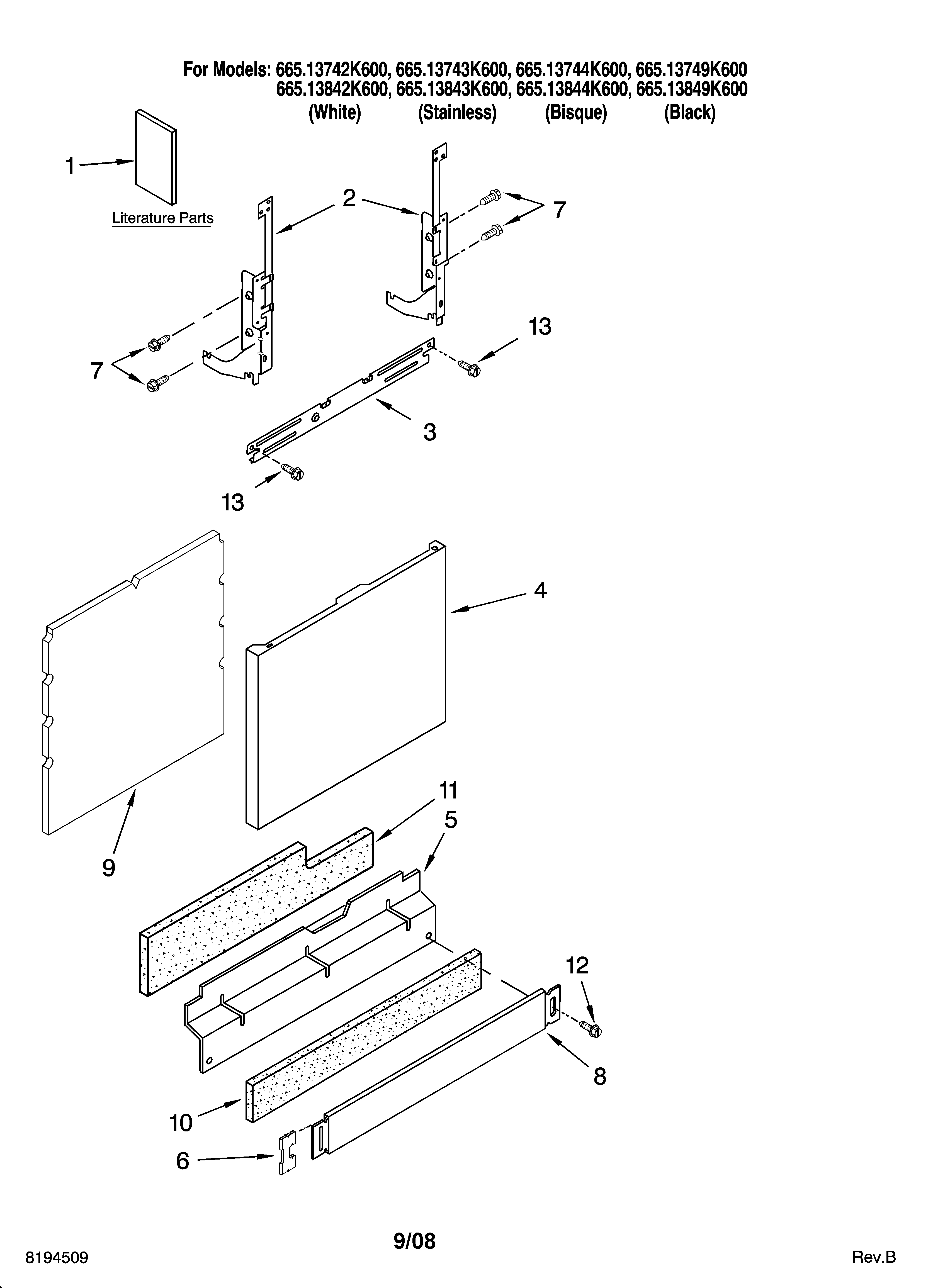 Kenmore 66513749K600 door and panel parts diagram